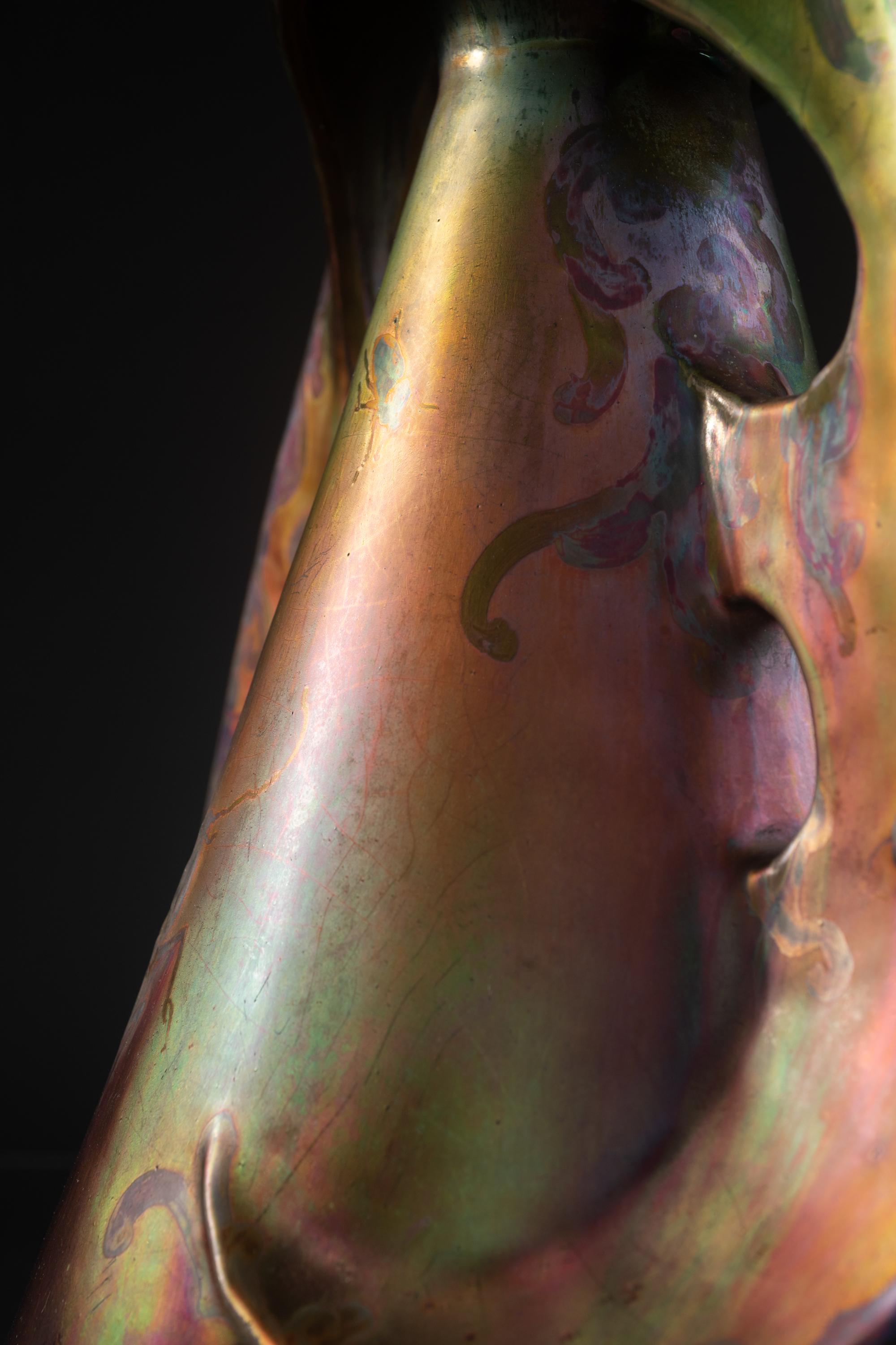 Iridescent Art Nouveau Monumental Beetle Vase by Delphin Massier For Sale 5