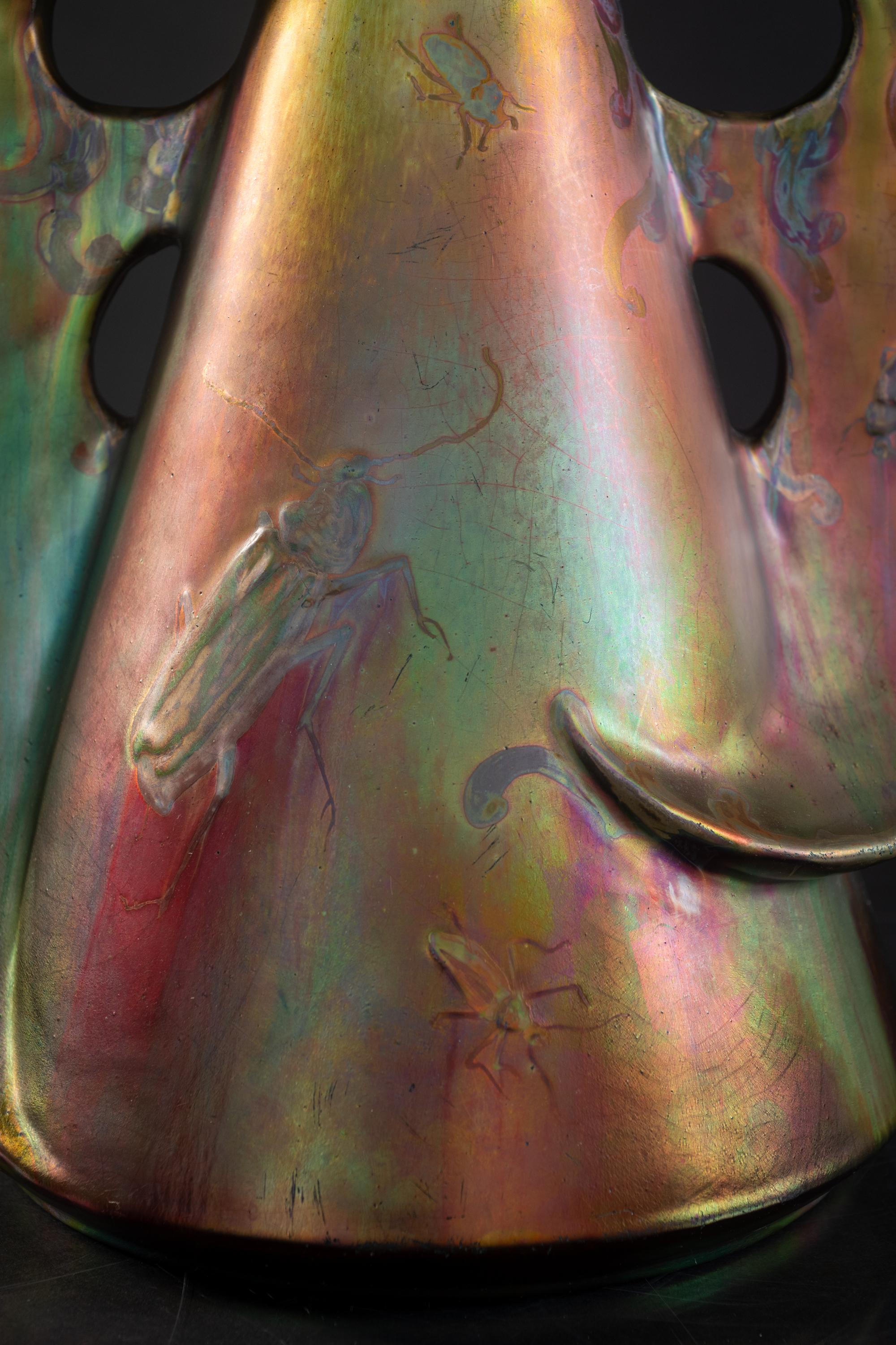 Iridescent Art Nouveau Monumental Beetle Vase by Delphin Massier For Sale 6