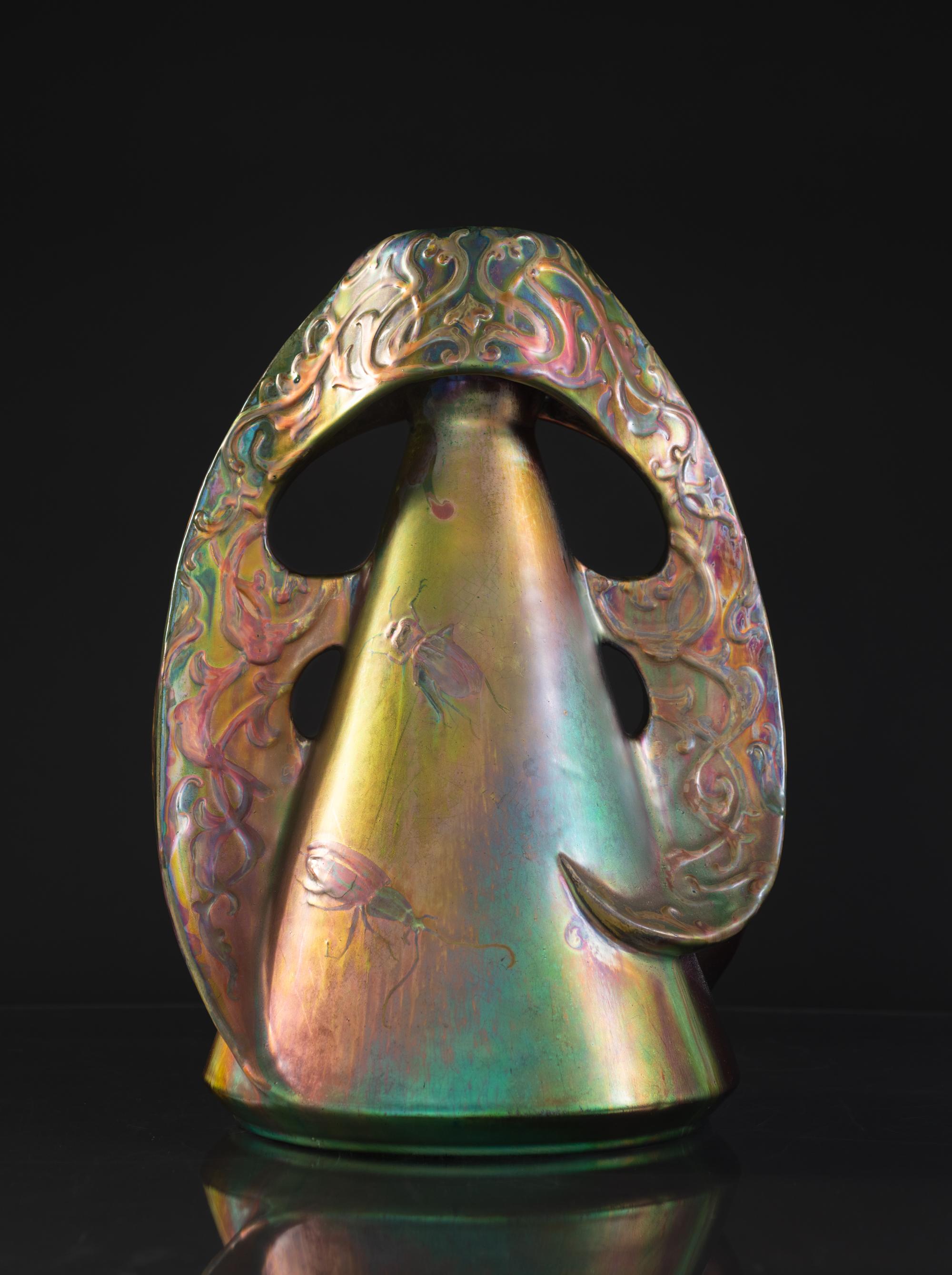 French Iridescent Art Nouveau Monumental Beetle Vase by Delphin Massier For Sale