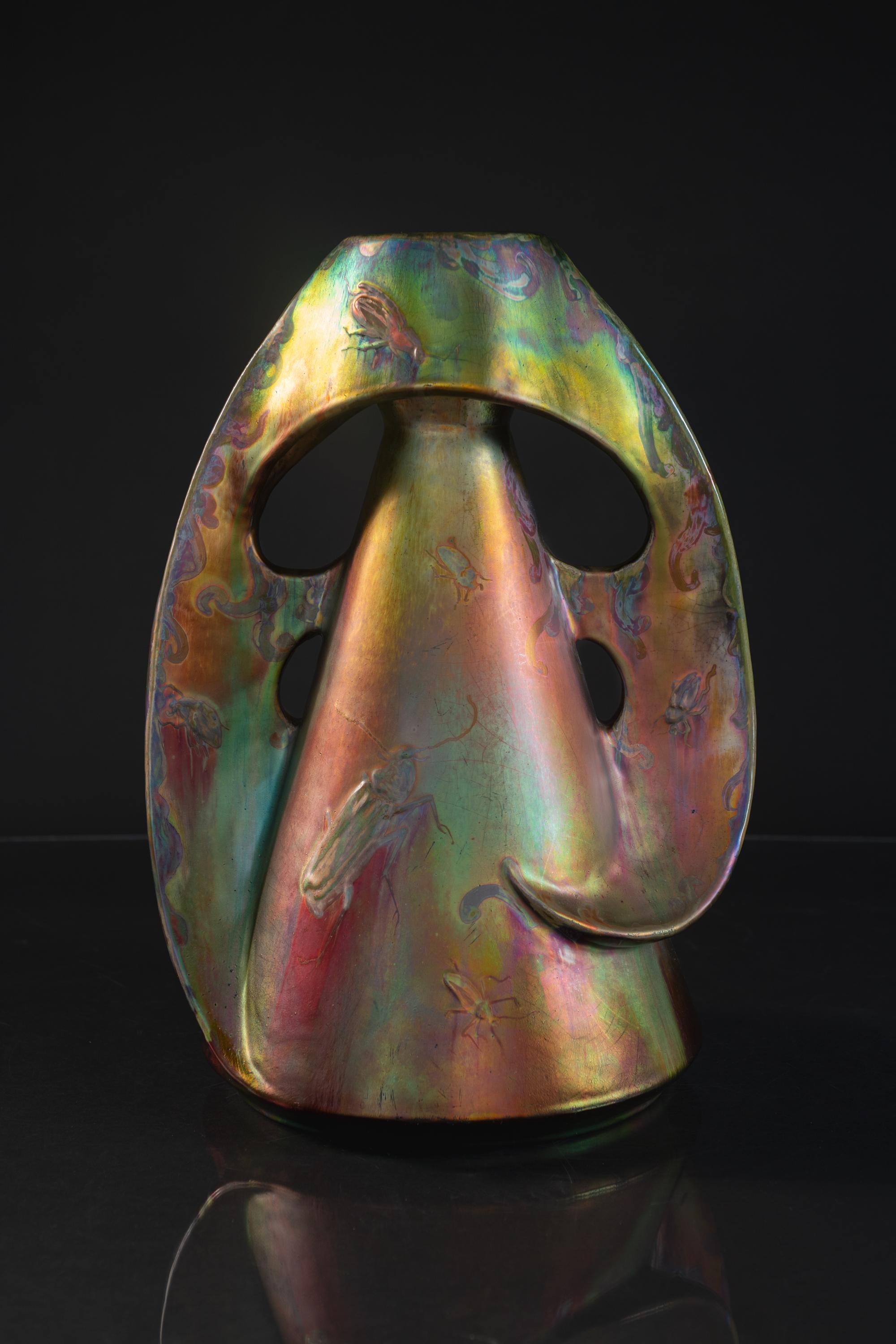 Glazed Iridescent Art Nouveau Monumental Beetle Vase by Delphin Massier For Sale