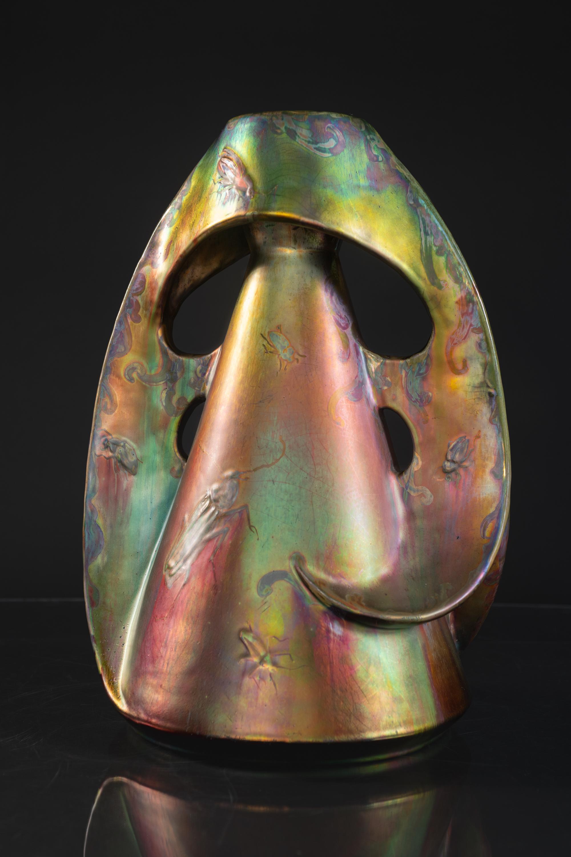 Early 20th Century Iridescent Art Nouveau Monumental Beetle Vase by Delphin Massier For Sale