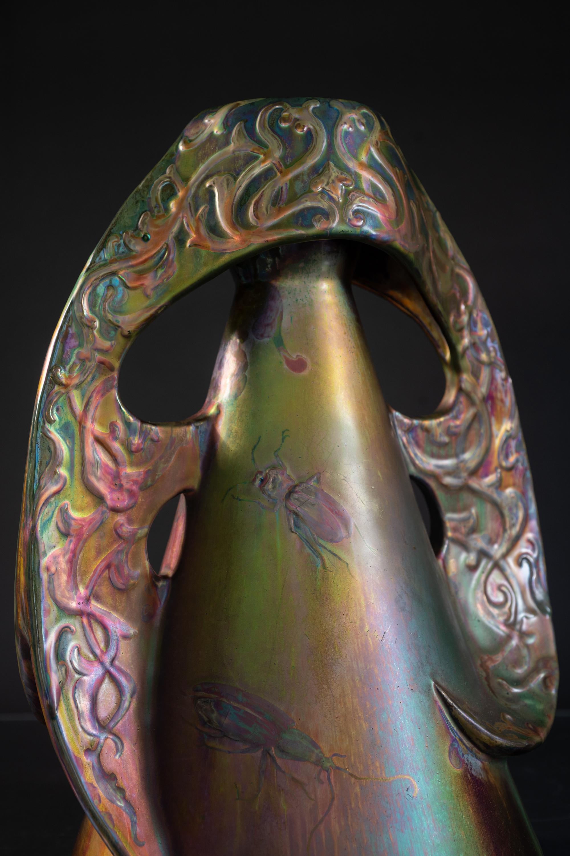 Earthenware Iridescent Art Nouveau Monumental Beetle Vase by Delphin Massier For Sale