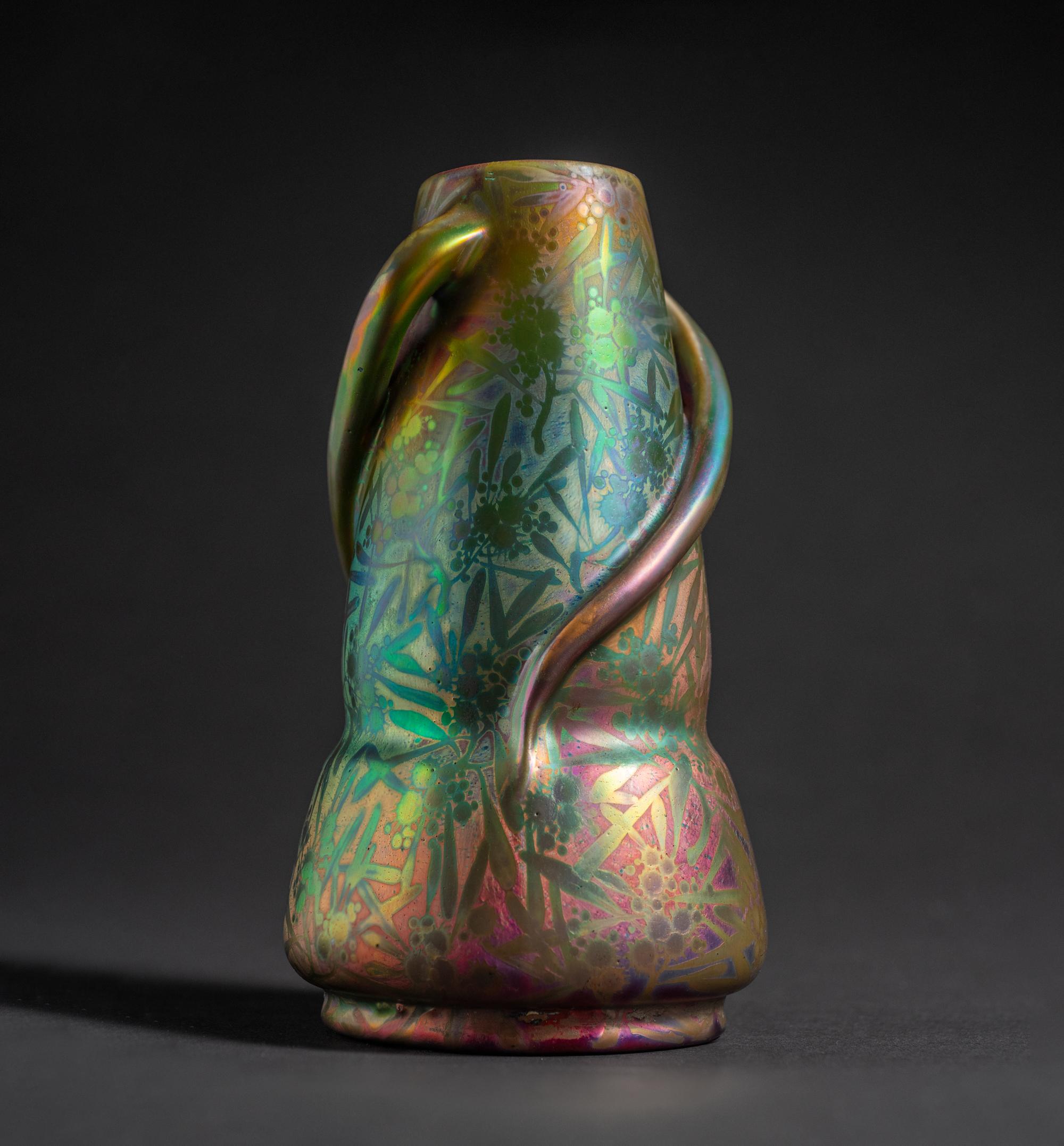 French Iridescent Art Nouveau Serpent Tendrils Vase by Clement Massier For Sale