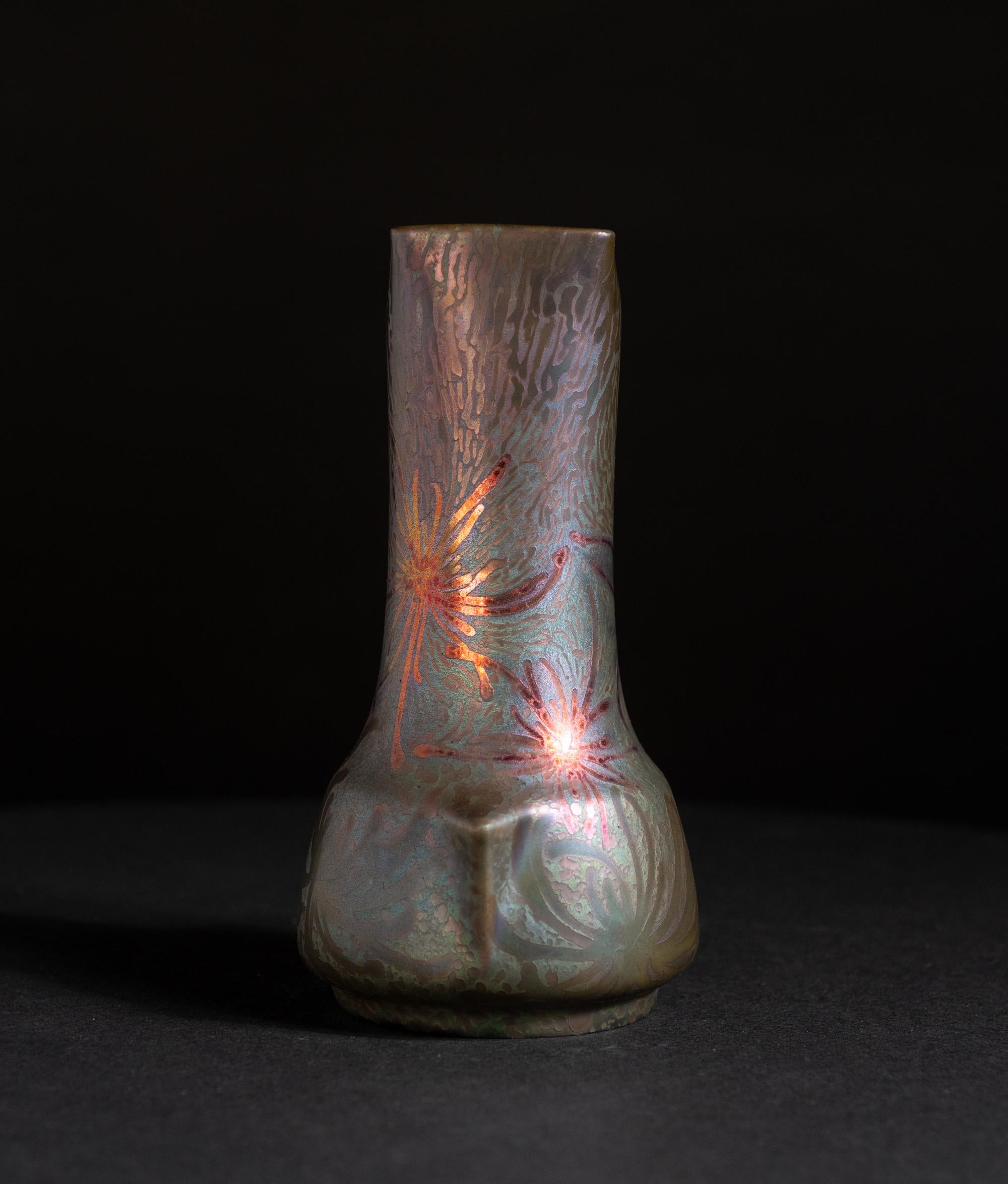 Glazed Iridescent Art Nouveau Spider Mum Floral Motif Vase by Clement Massier For Sale