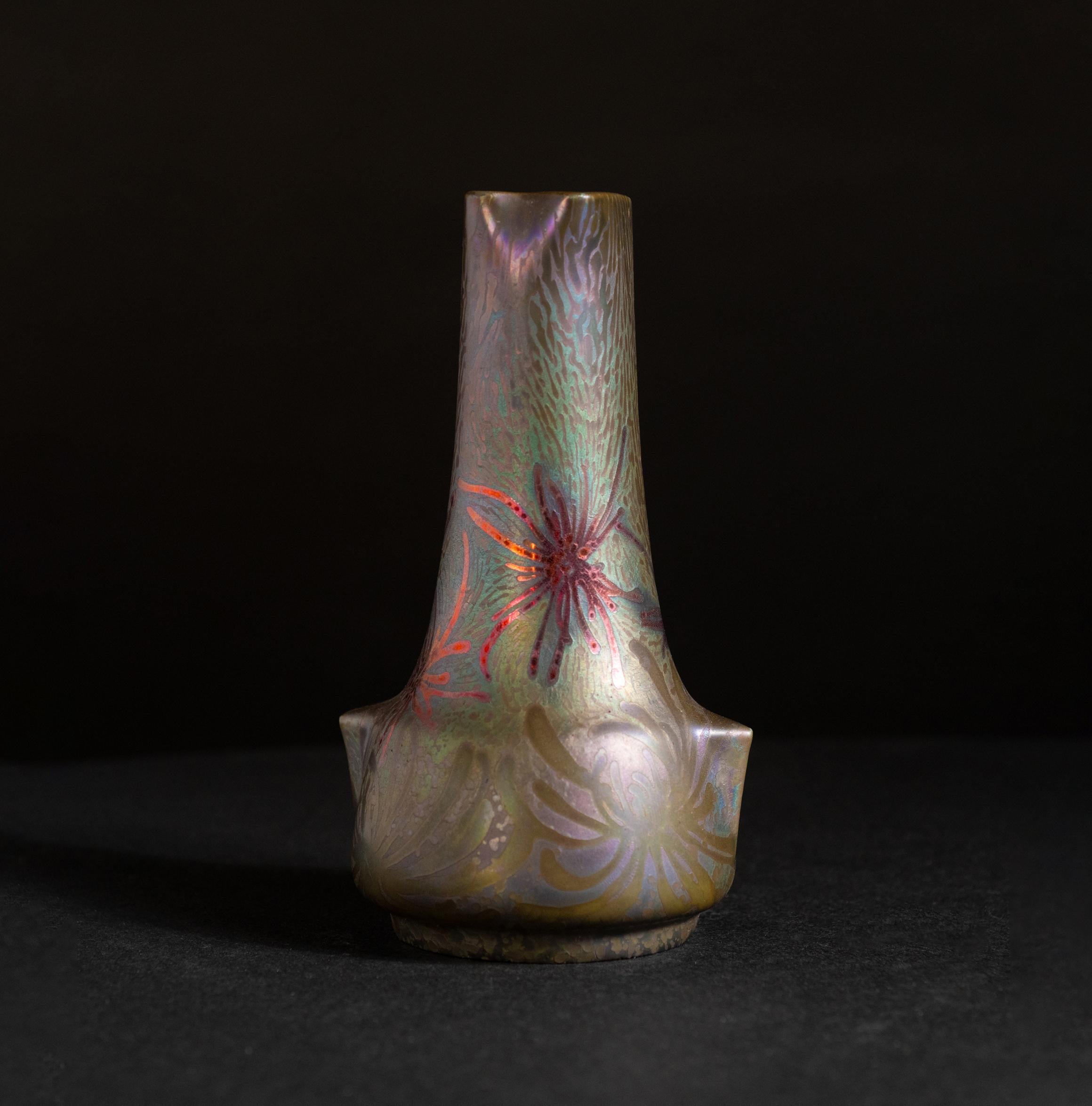 Earthenware Iridescent Art Nouveau Spider Mum Floral Motif Vase by Clement Massier For Sale