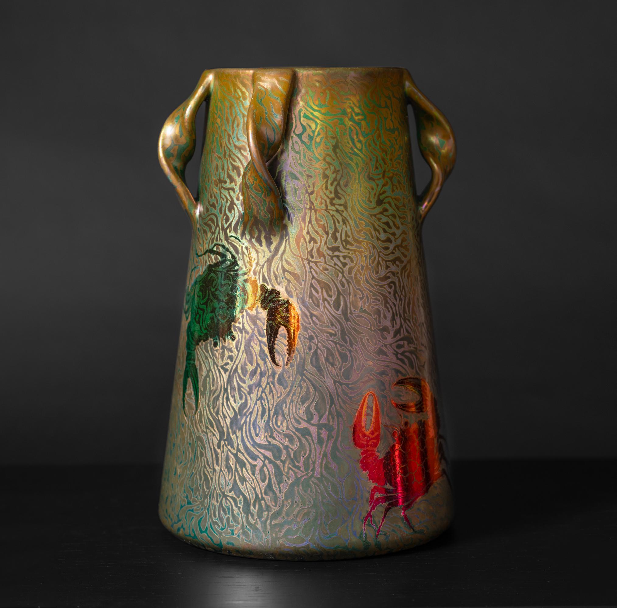 French Iridescent Art Nouveau Vase with Crabs and Seaweed by Clement Massier For Sale