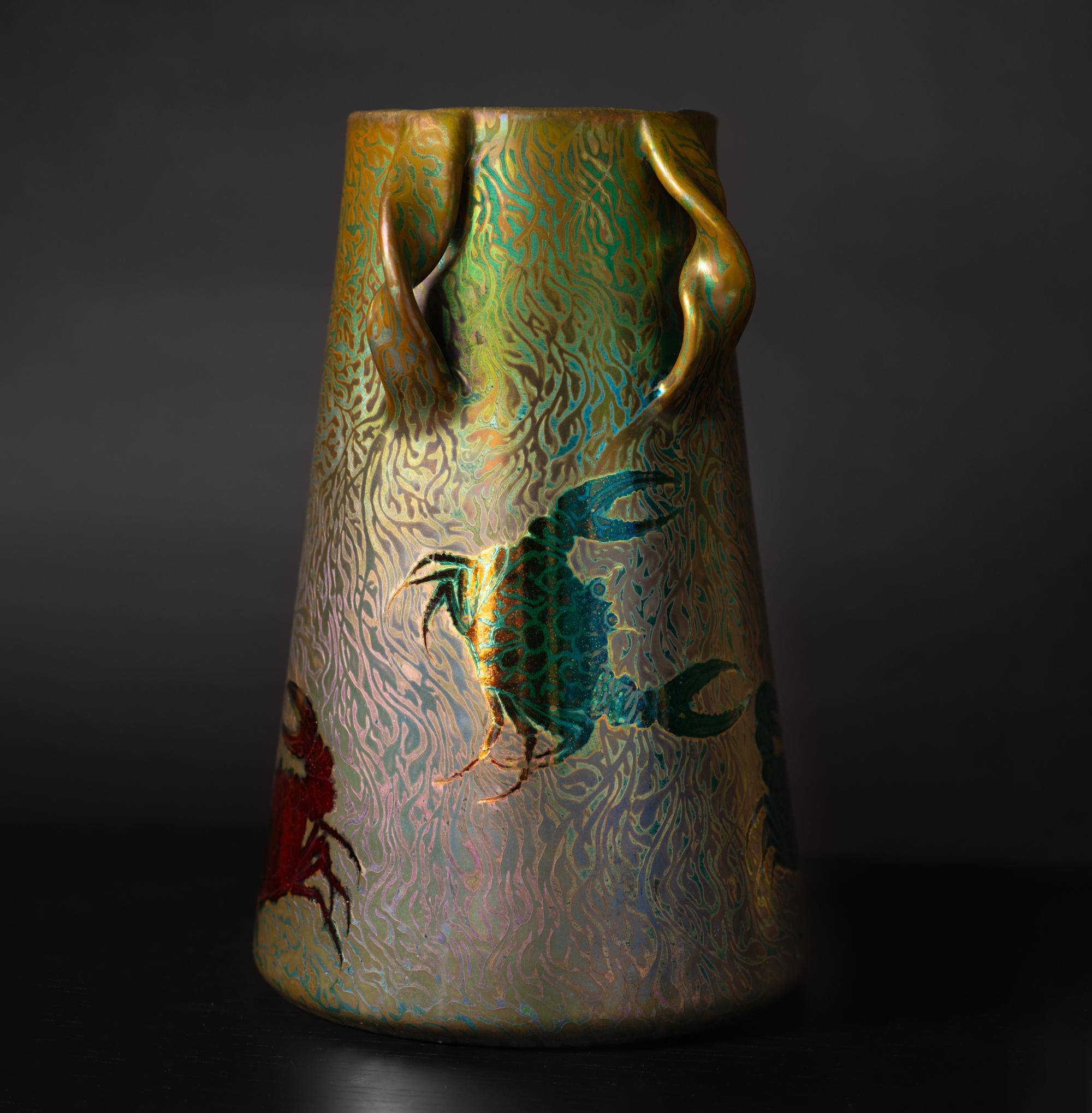 Glazed Iridescent Art Nouveau Vase with Crabs and Seaweed by Clement Massier For Sale