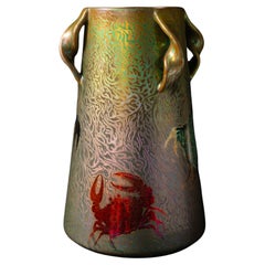 Vintage Iridescent Art Nouveau Vase with Crabs and Seaweed by Clement Massier
