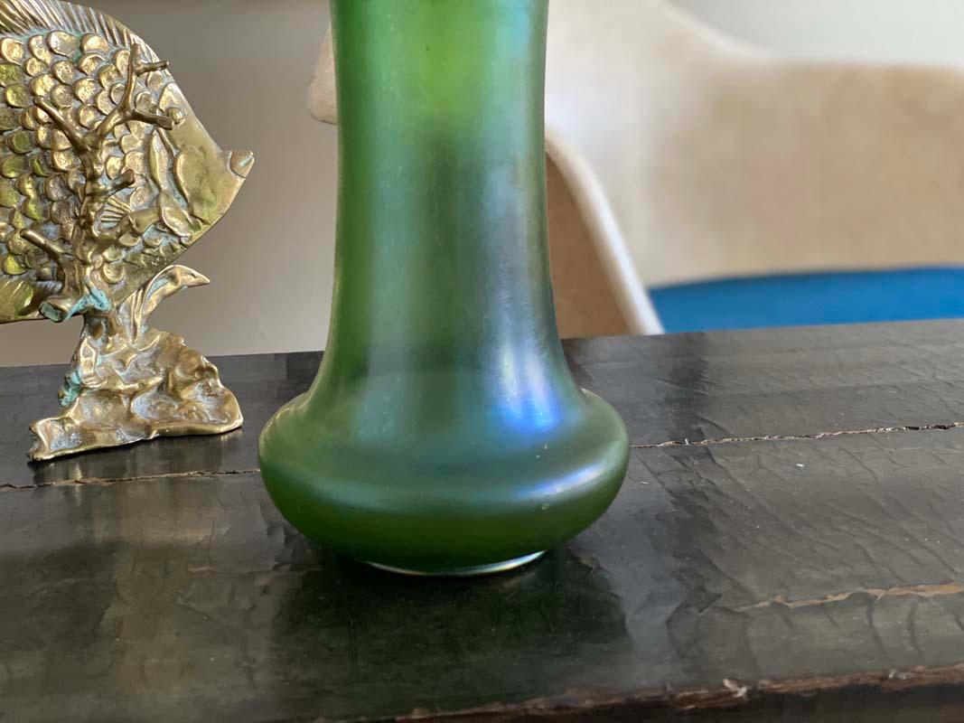 Early 20th Century Iridescent Art Nouveau Vase with Metal Decoartion, in the Style of Loetz