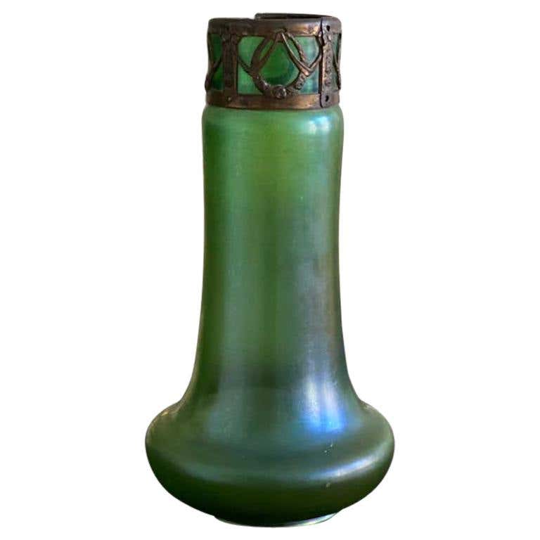 Antique Austrian Loetz Styled Iridescent Art Glass Vase with Metal ...