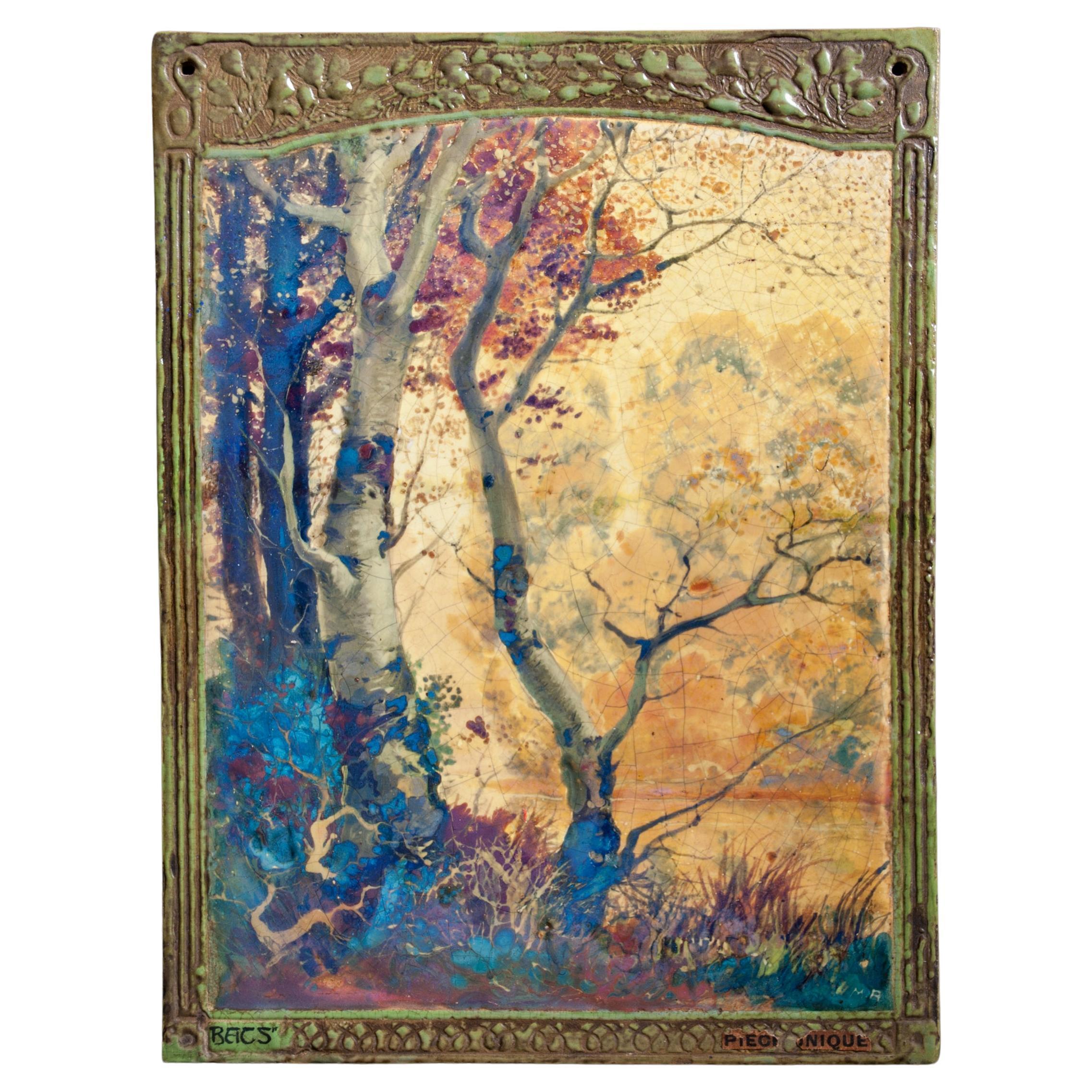Iridescent Art Nouveau Wall Tile "Birch Forest" by Alexandre Marius for BACS