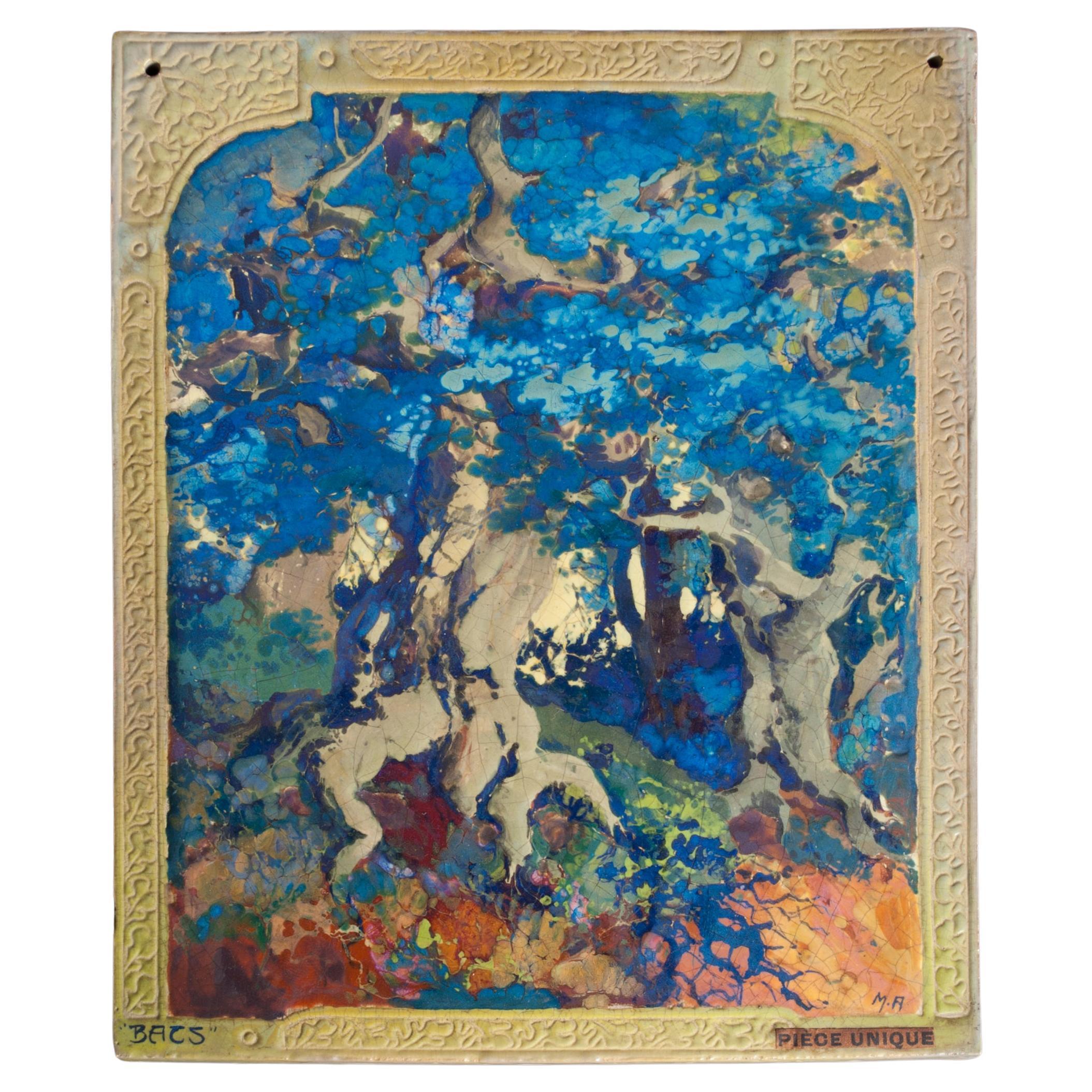 Iridescent Art Nouveau Wall Tile "Blue Wisteria" by Alexandre Marius for BACS For Sale