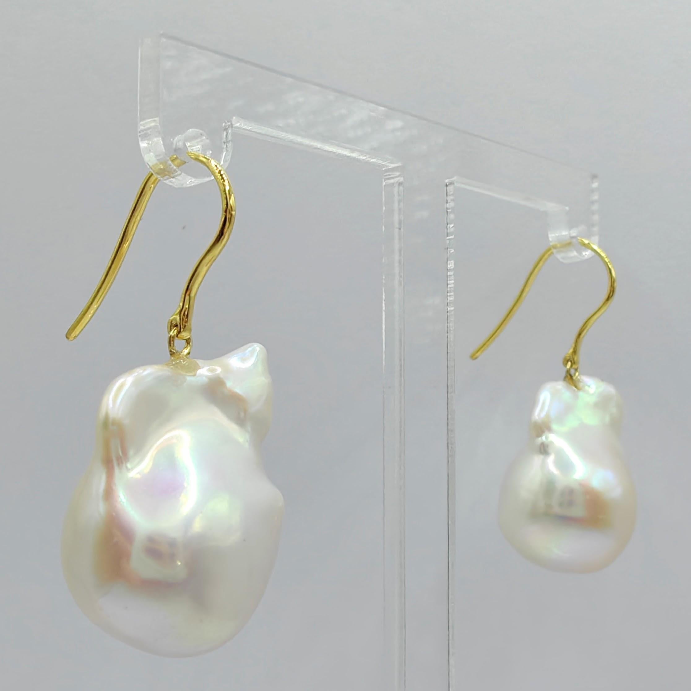 Uncut Iridescent Baroque Pearl Drop Earrings With 18K Yellow Gold French Hooks