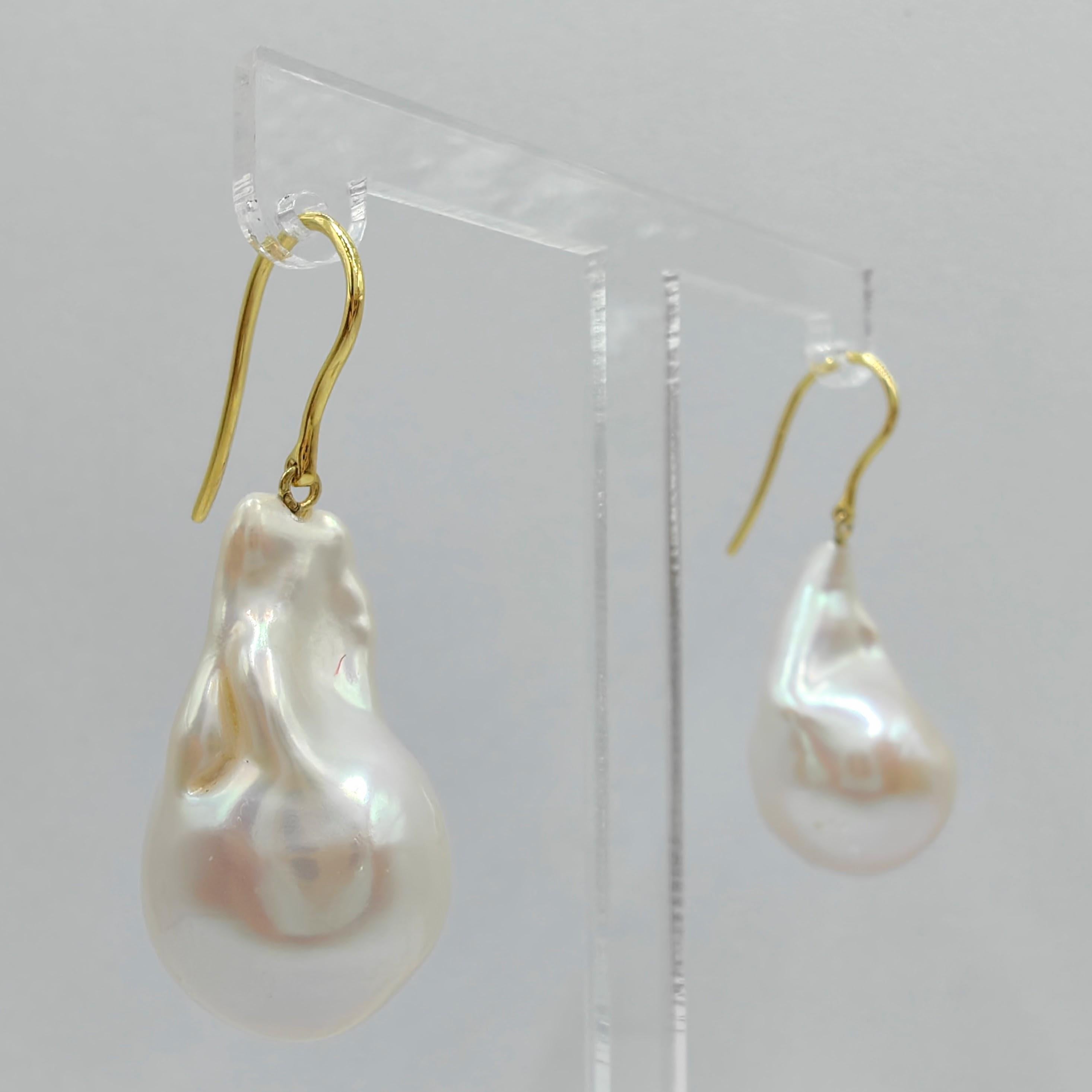 Uncut Iridescent Baroque Pearl Drop Earrings With 18K Yellow Gold French Hooks