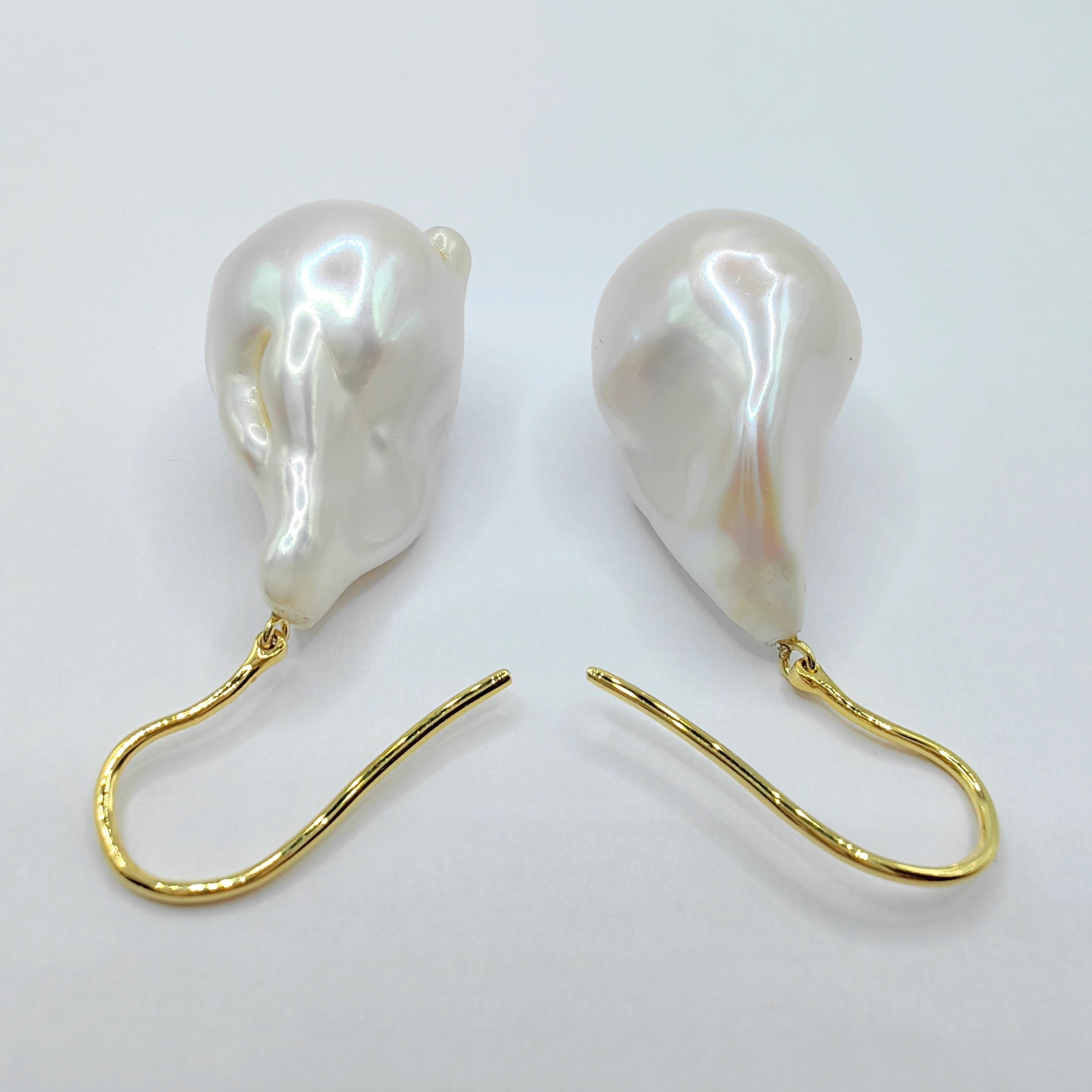 Women's Iridescent Baroque Pearl Drop Earrings With 18K Yellow Gold French Hooks For Sale