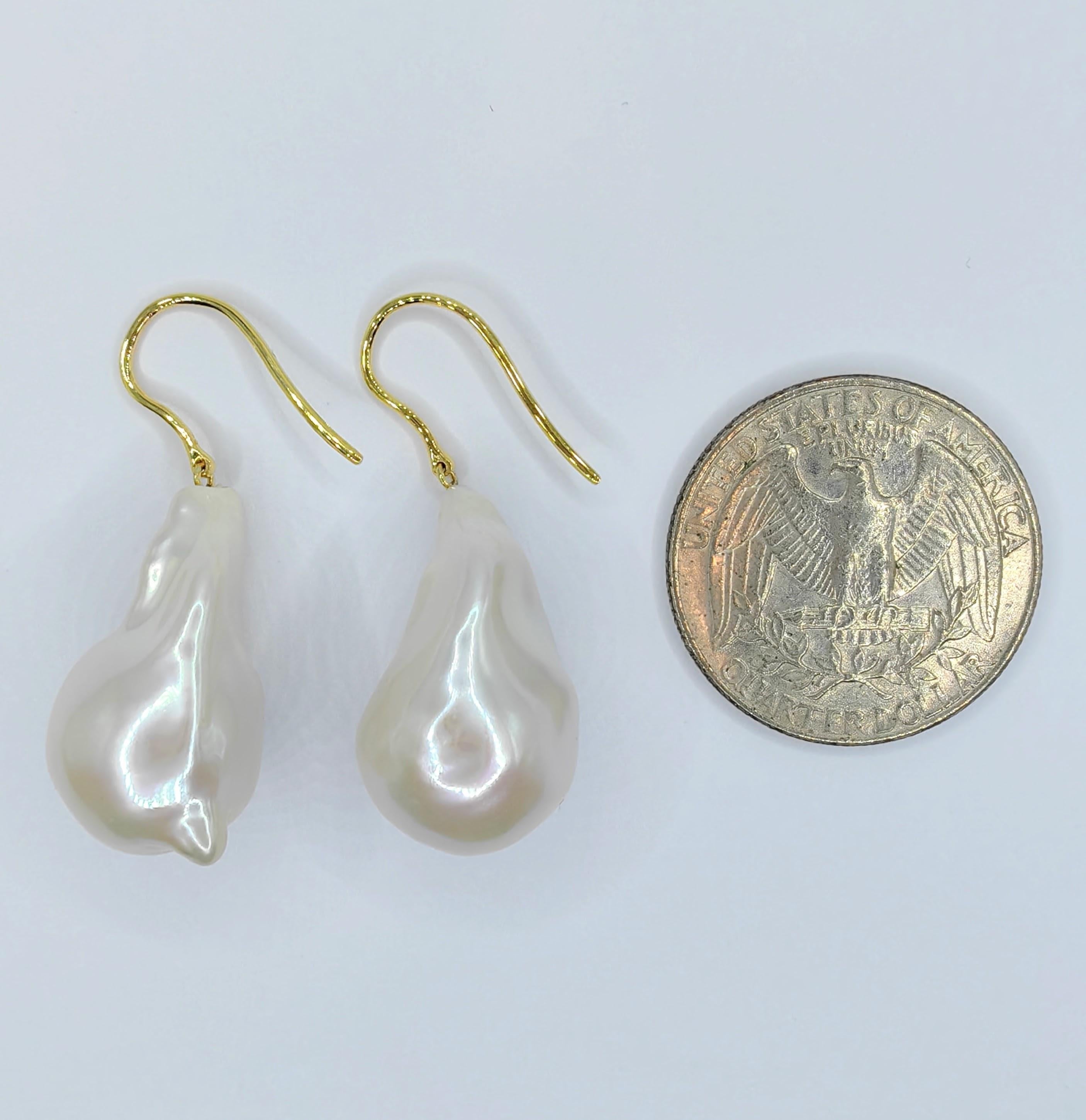 Iridescent Baroque Pearl Drop Earrings With 18K Yellow Gold French Hooks For Sale 3