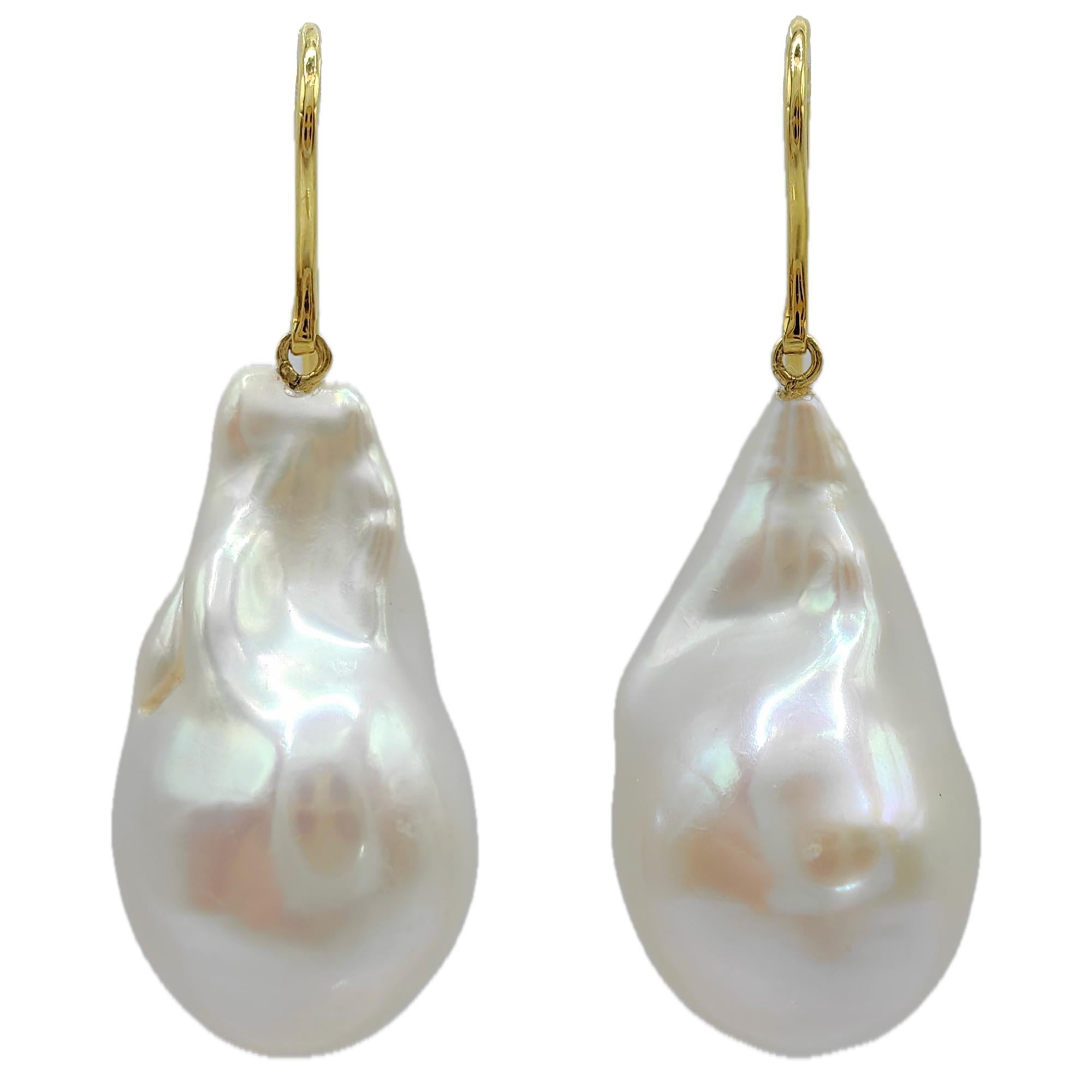 Iridescent Baroque Pearl Drop Earrings With 18K Yellow Gold French Hooks For Sale