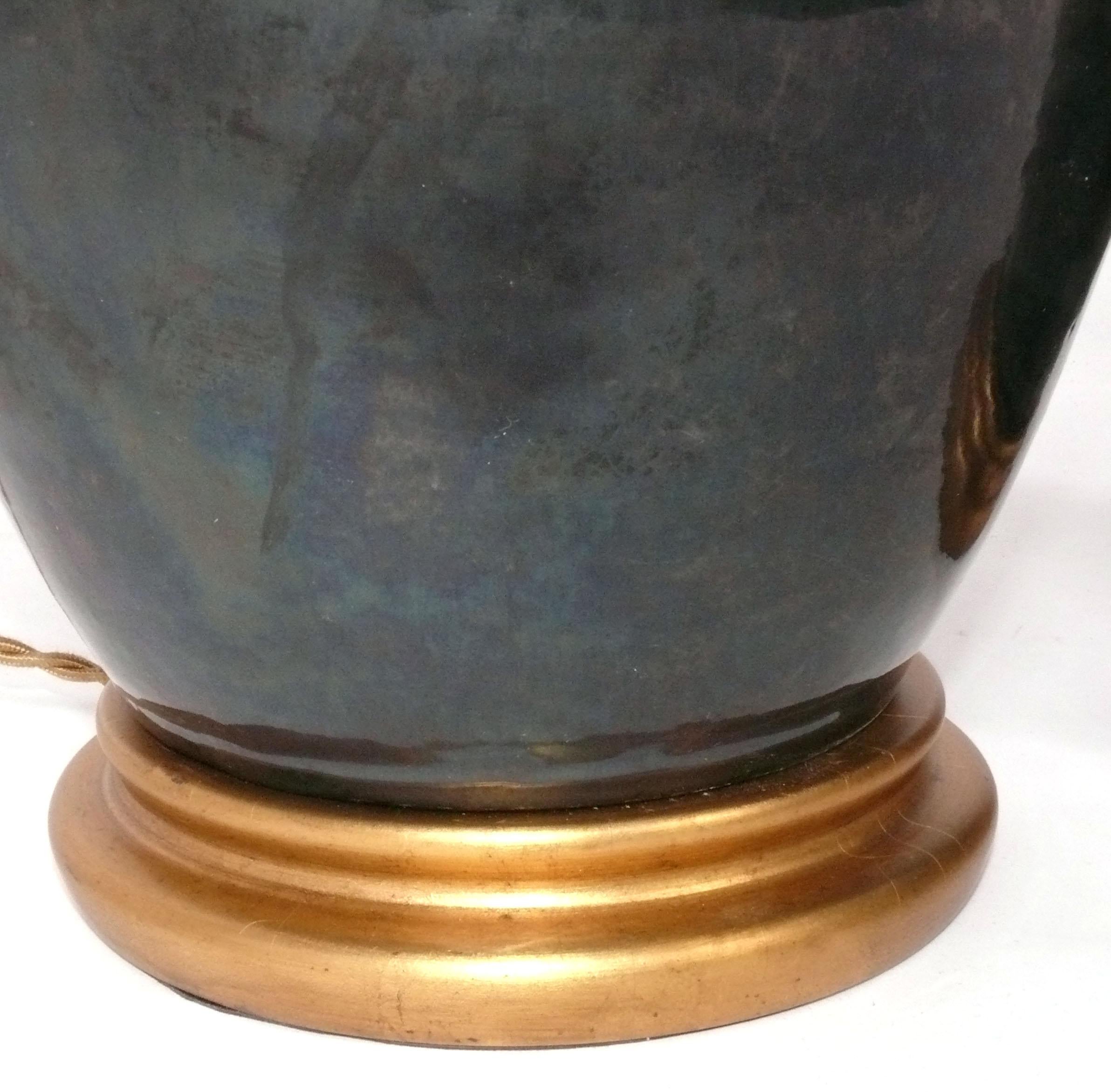 Hollywood Regency Iridescent Black Ceramic Lamps with Gilt Wood Bases
