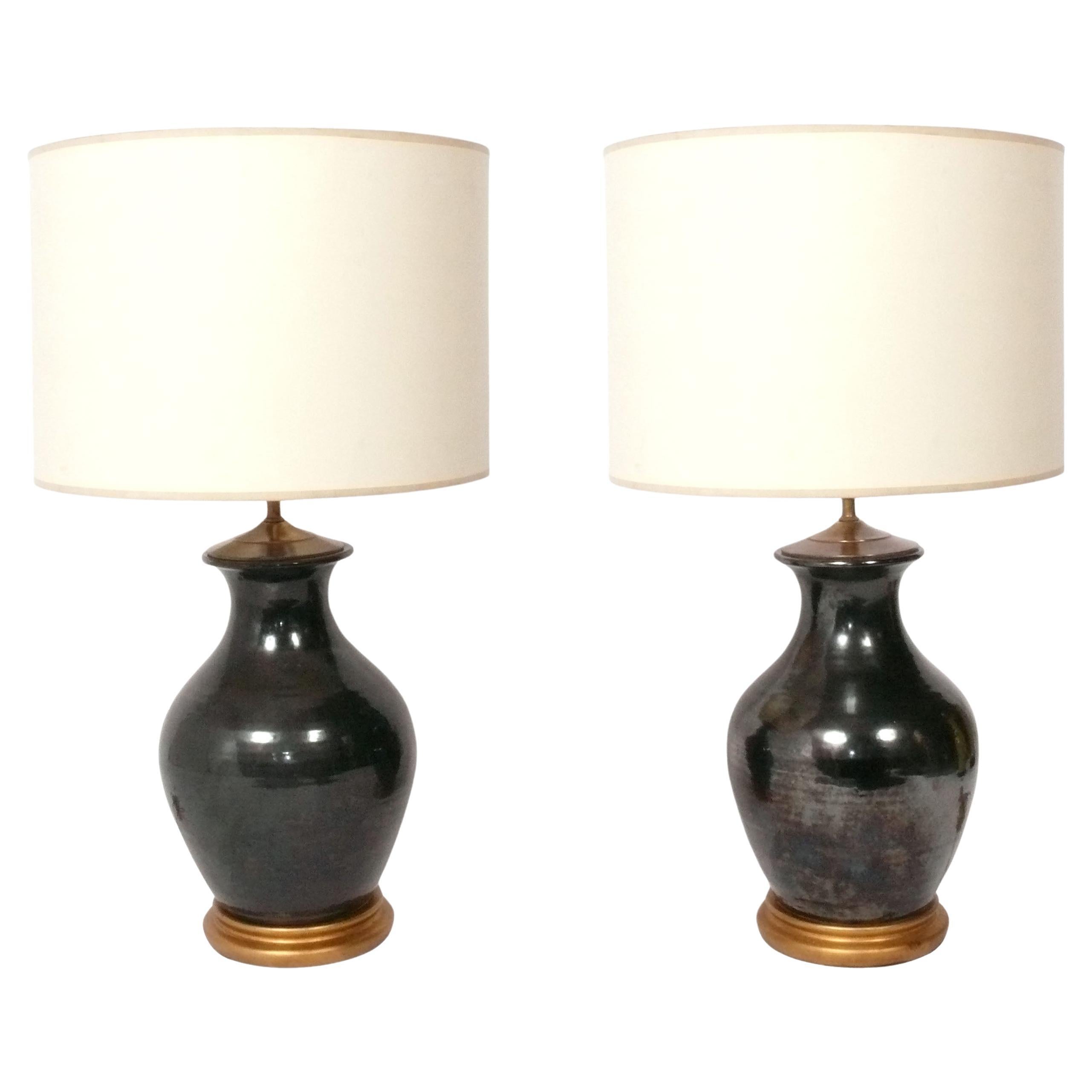 Iridescent Black Ceramic Lamps with Gilt Wood Bases