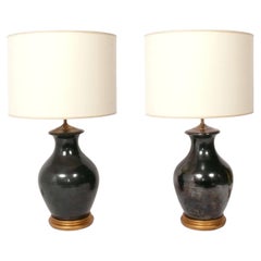 Iridescent Black Ceramic Lamps with Gilt Wood Bases