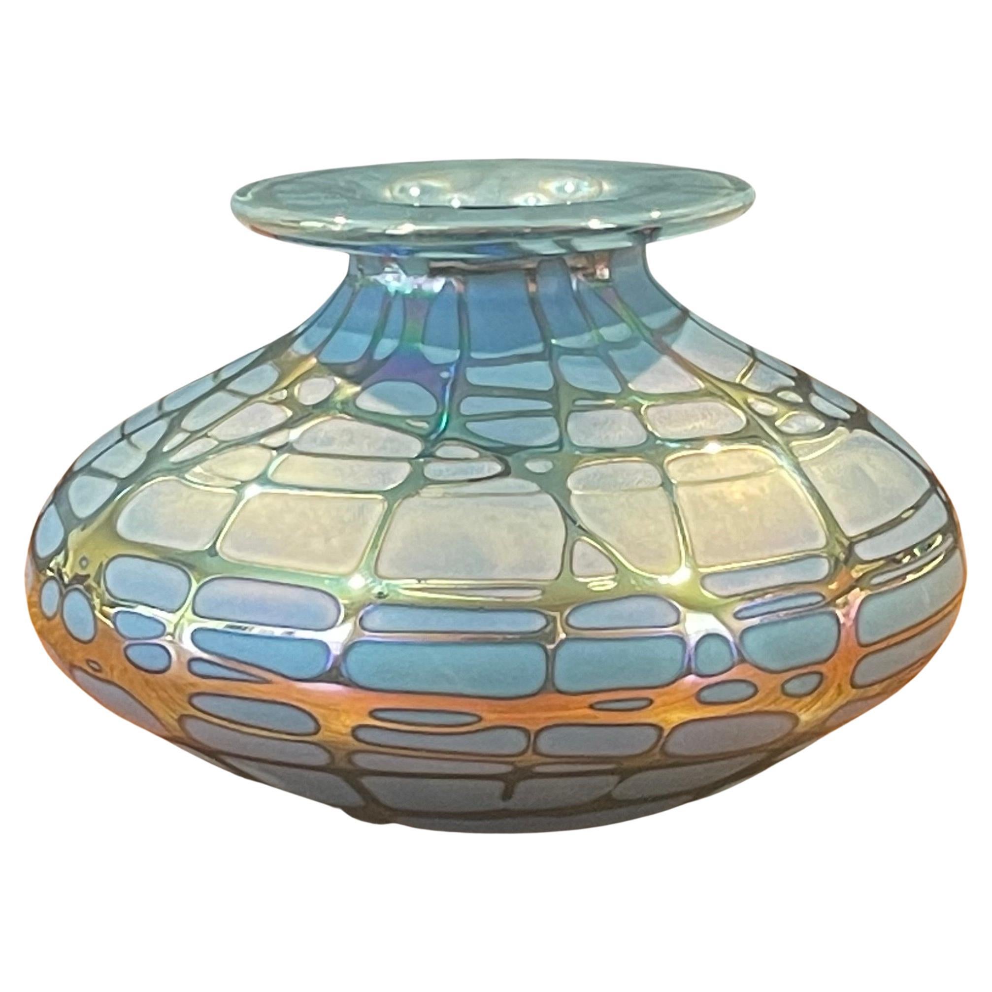 American Iridescent Blue Art Glass Vase by Stuart Abelman For Sale
