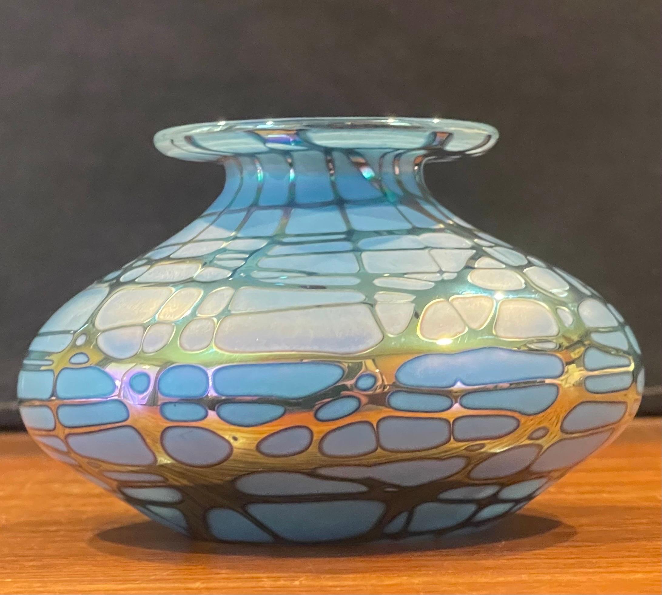 Iridescent Blue Art Glass Vase by Stuart Abelman For Sale 1