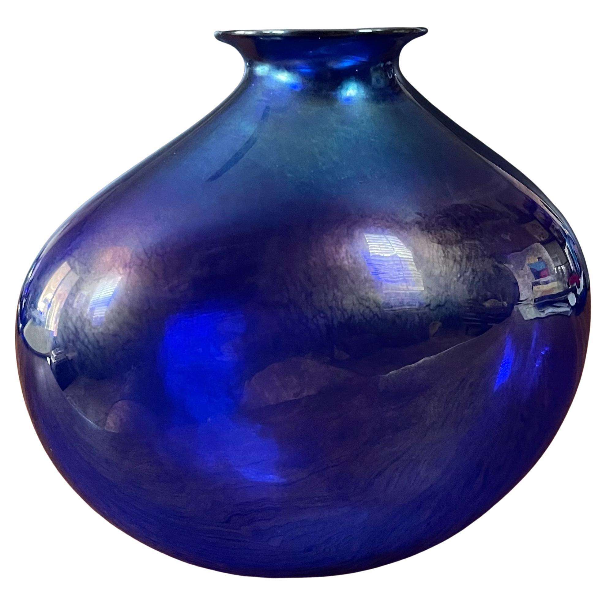 Canadian Iridescent Blue Aurene Art Glass Vase by Claude Duperron