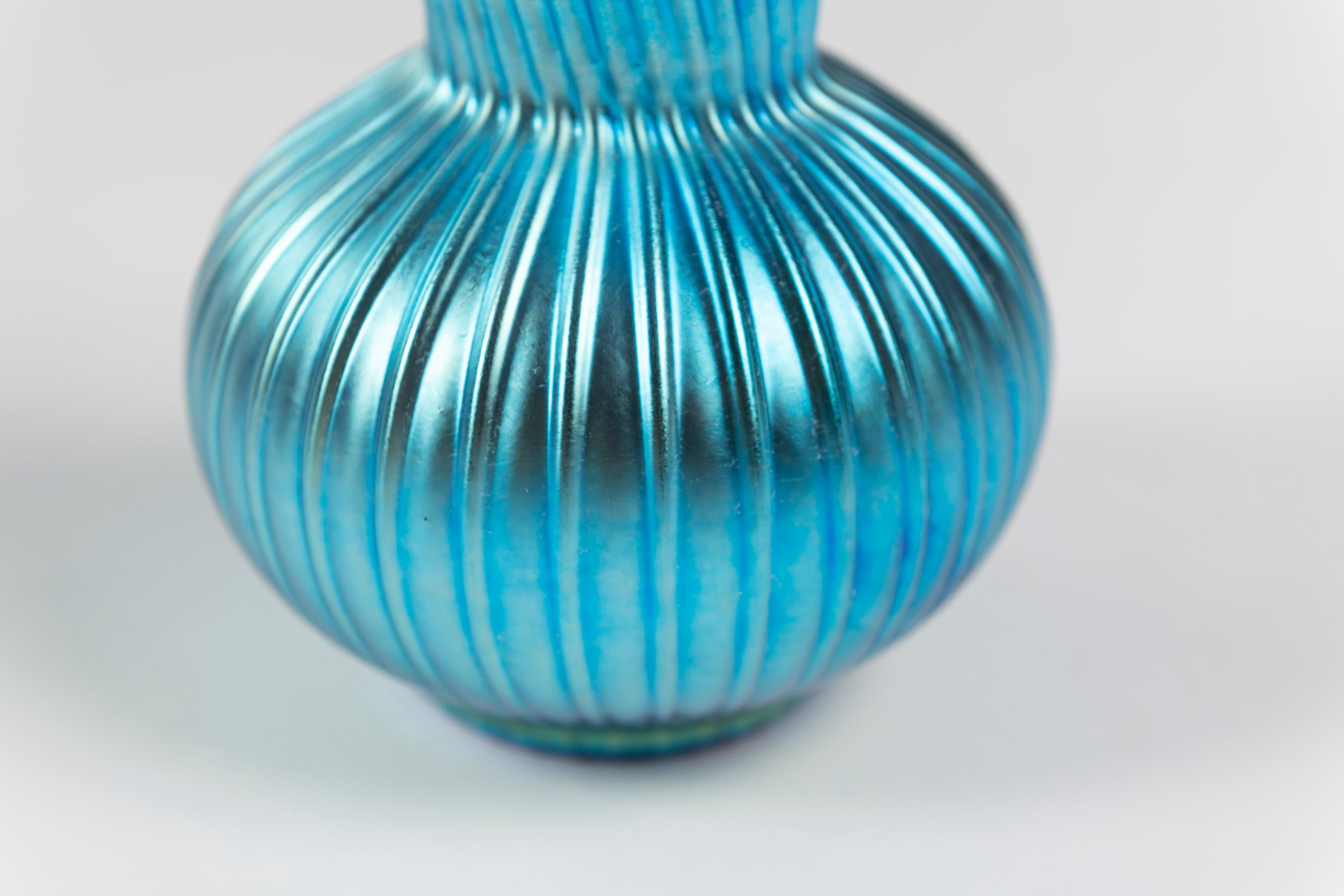 American Iridescent Blue Aurene Art Glass Vase, Lundberg Studios, California, Signed For Sale