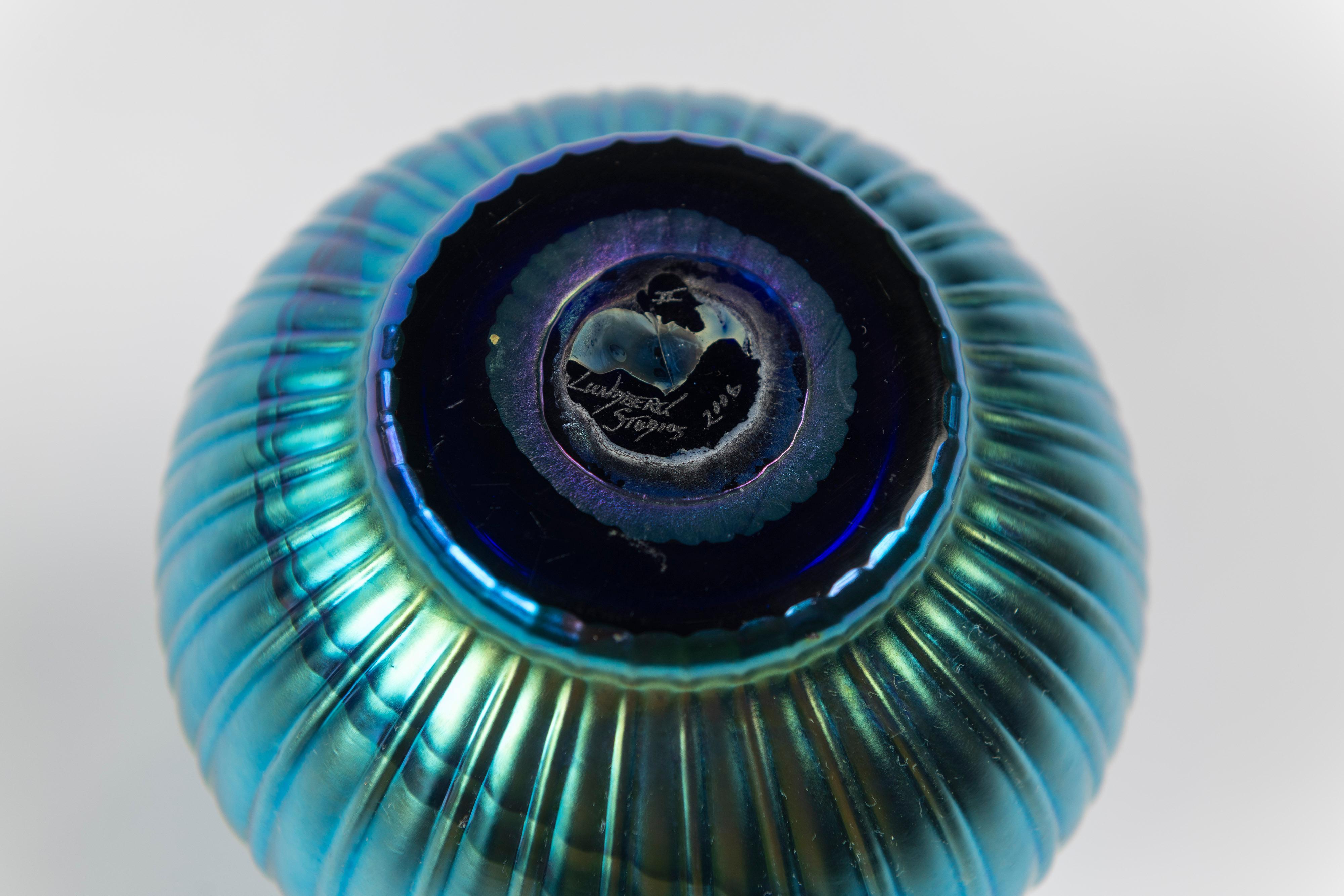 Contemporary Iridescent Blue Aurene Art Glass Vase, Lundberg Studios, California, Signed For Sale