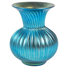 Iridescent Blue Aurene Art Glass Vase, Lundberg Studios, California, Signed