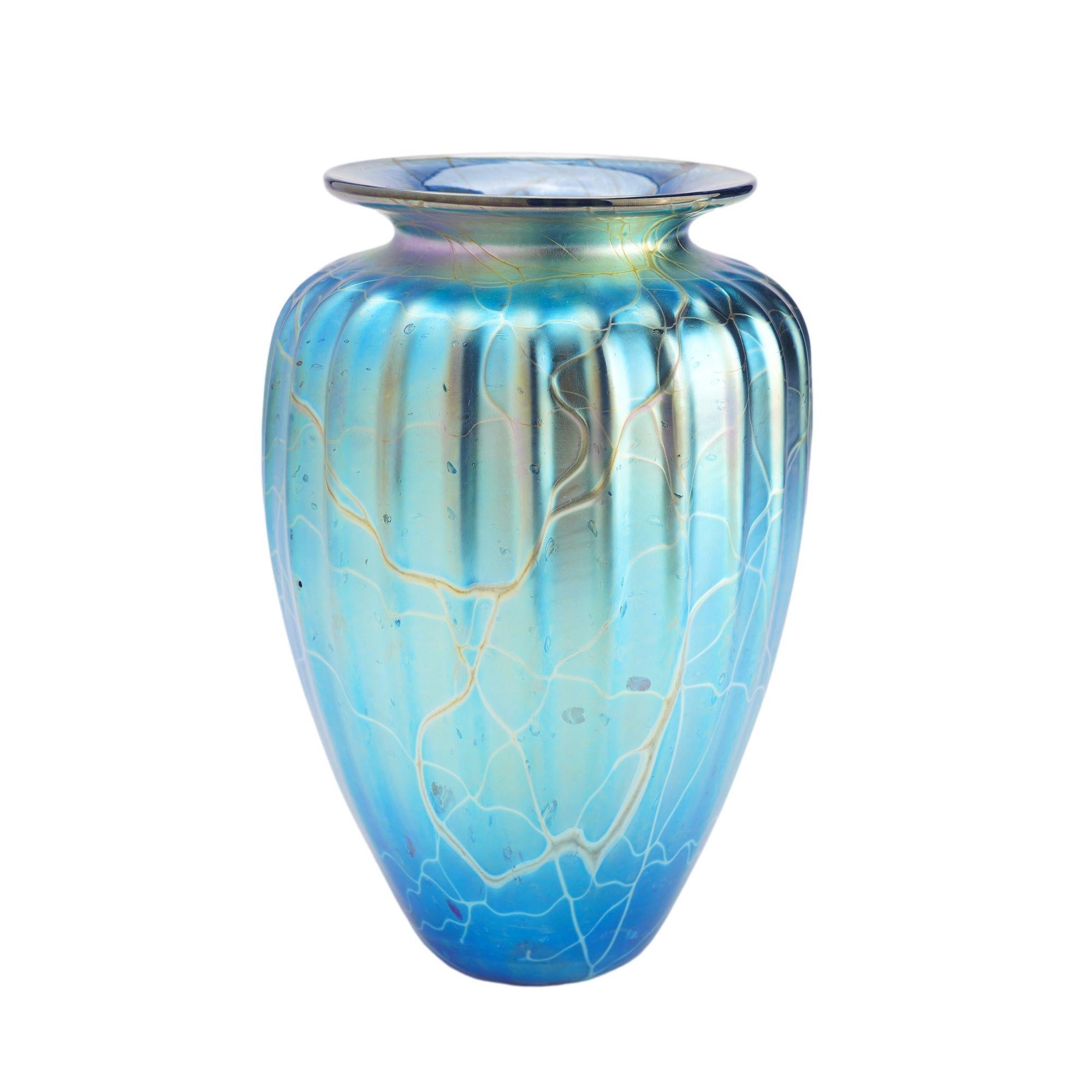 American Iridescent blue blown glass vase by Mayauel Ward, 2015 For Sale