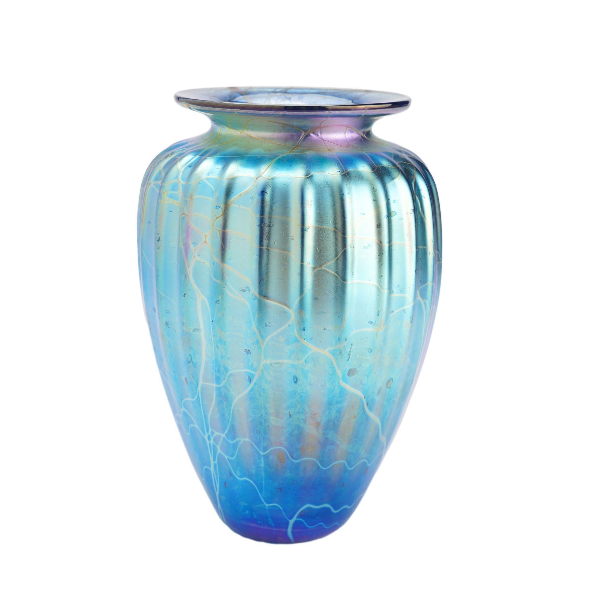 Iridescent blue blown glass vase by Mayauel Ward, 2015 In Excellent Condition For Sale In Kenilworth, IL