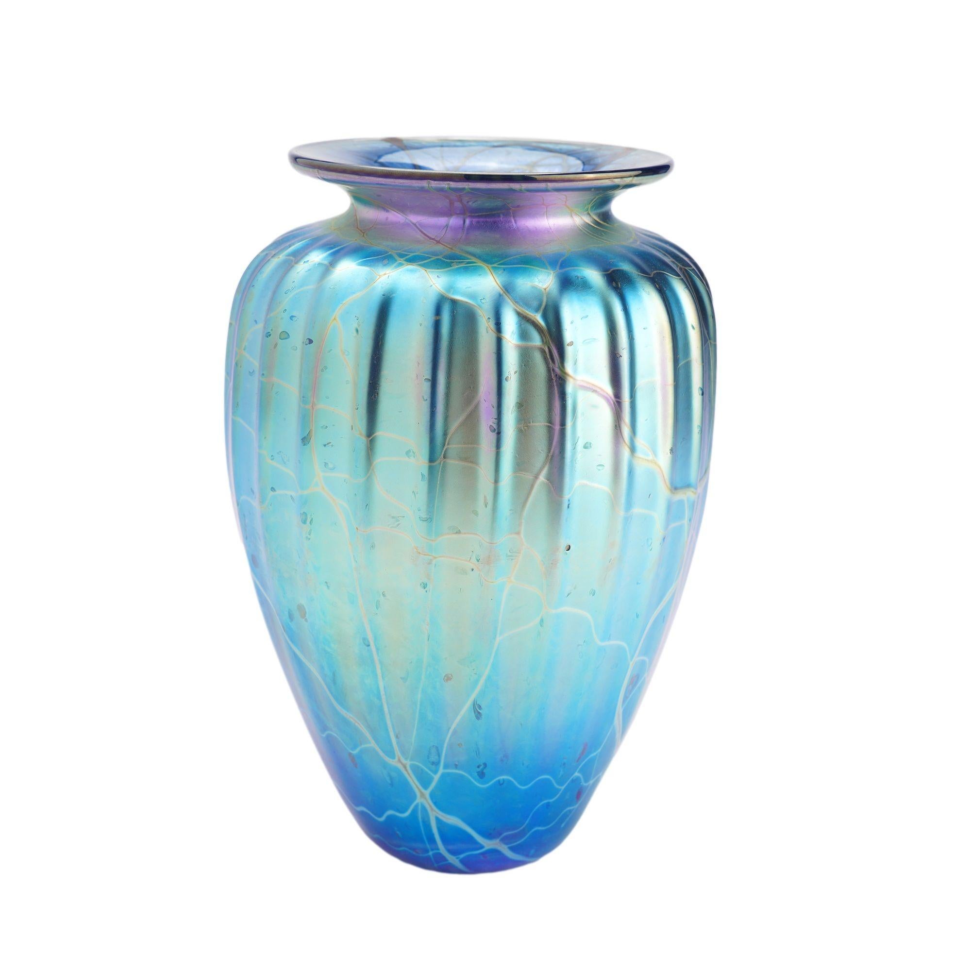 Iridescent blue blown glass vase by Mayauel Ward, 2015 For Sale
