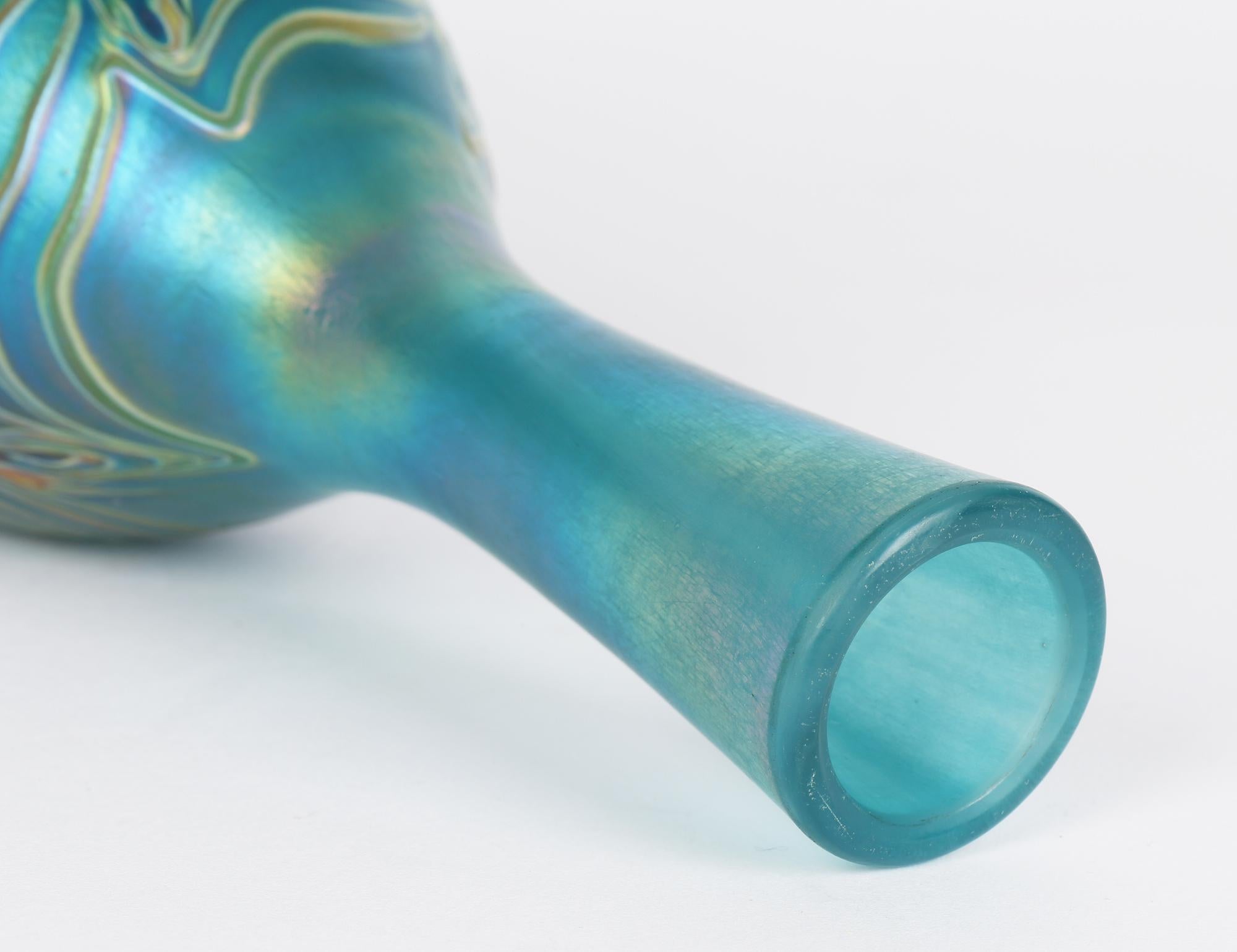 Blown Glass Iridescent Blue Bottle Shaped Art Glass Vase with Peacock Feather Trailing For Sale