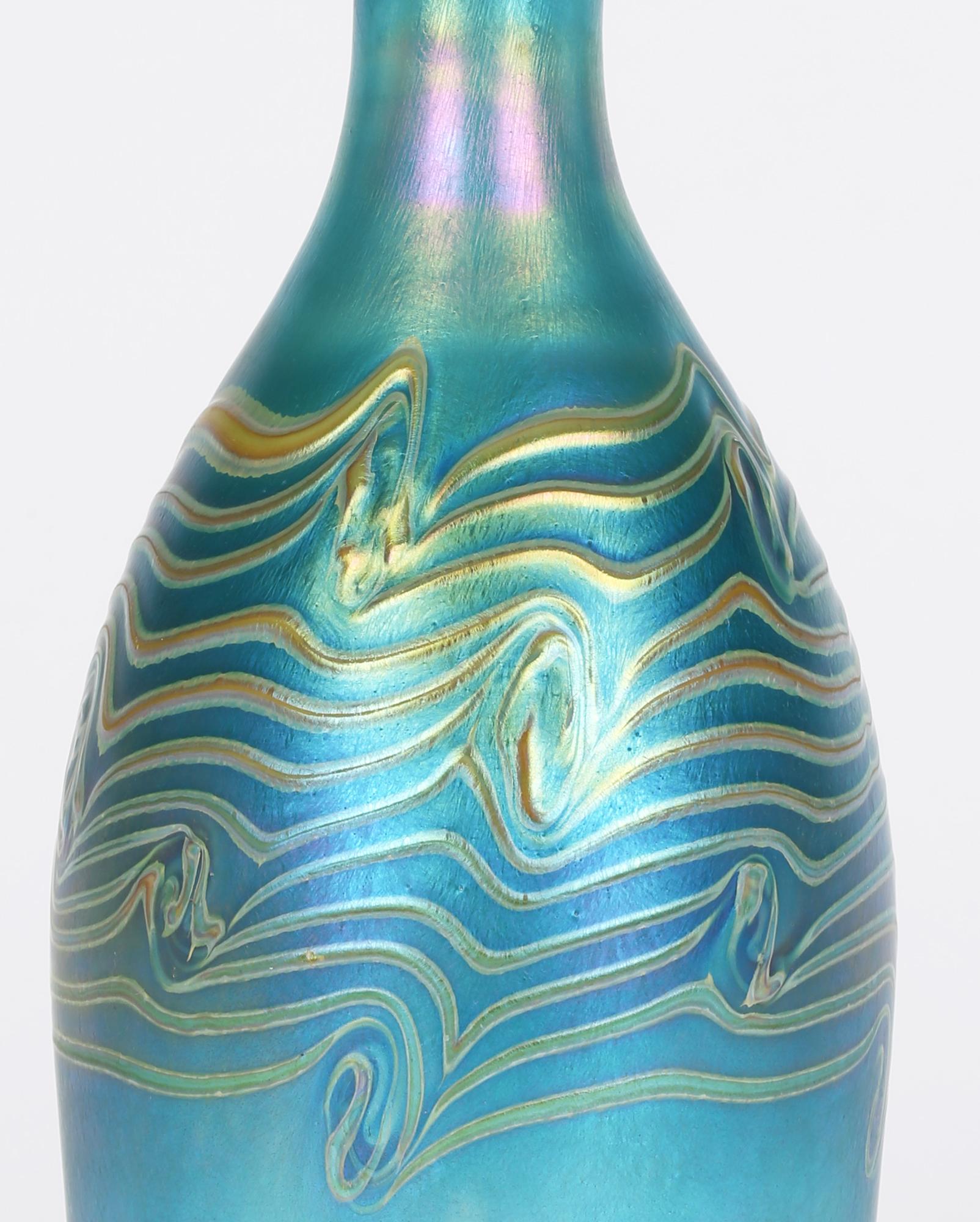 Iridescent Blue Bottle Shaped Art Glass Vase with Peacock Feather Trailing For Sale 1