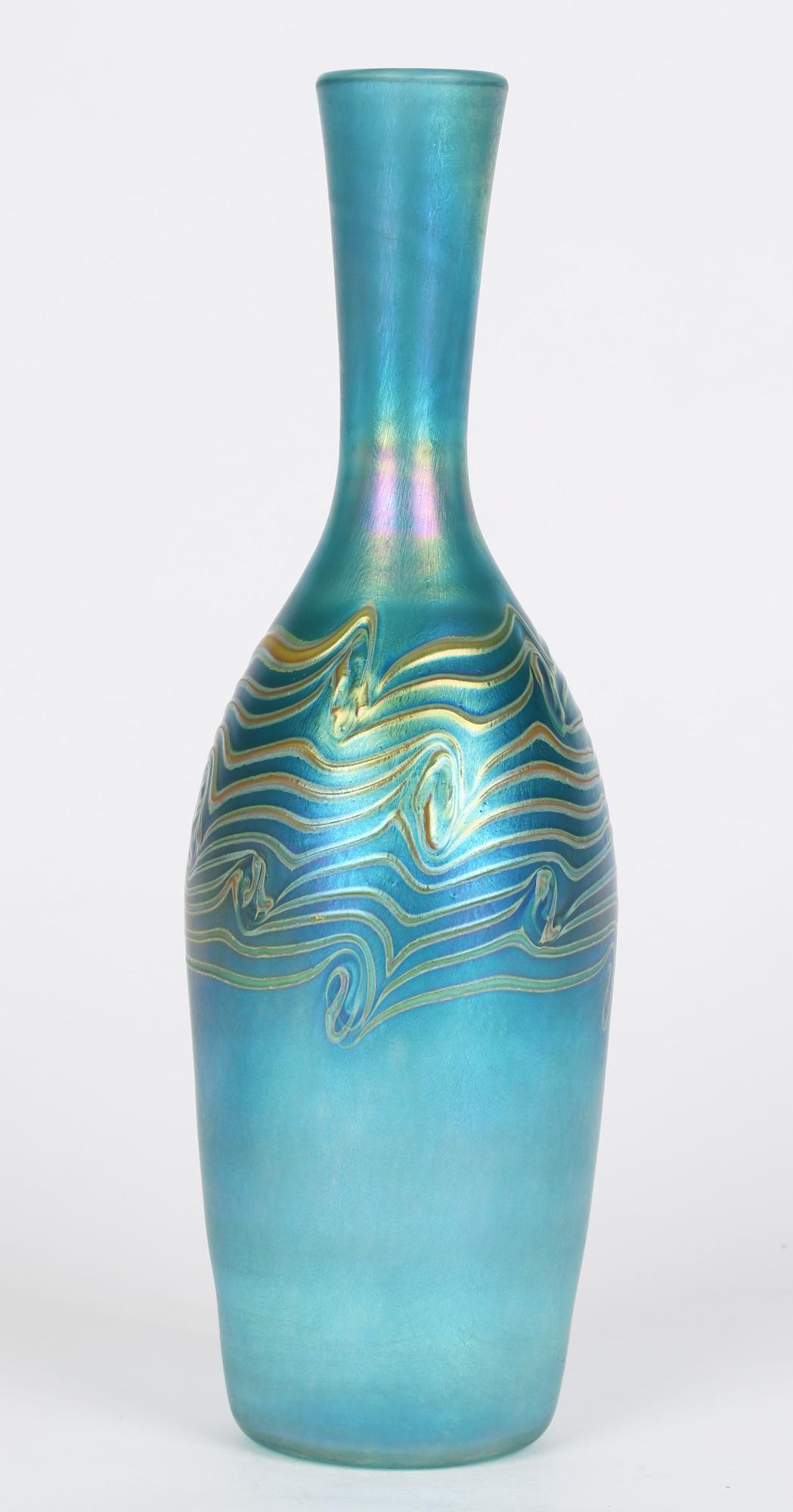 Iridescent Blue Bottle Shaped Art Glass Vase with Peacock Feather Trailing For Sale 2