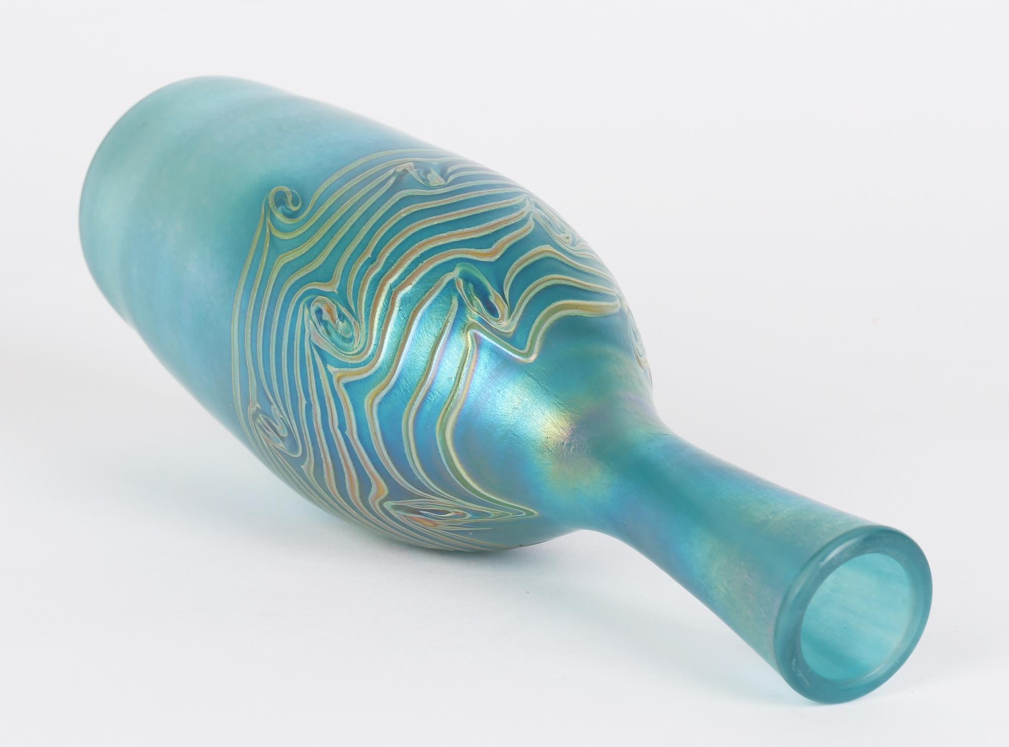 Iridescent Blue Bottle Shaped Art Glass Vase with Peacock Feather Trailing For Sale 3