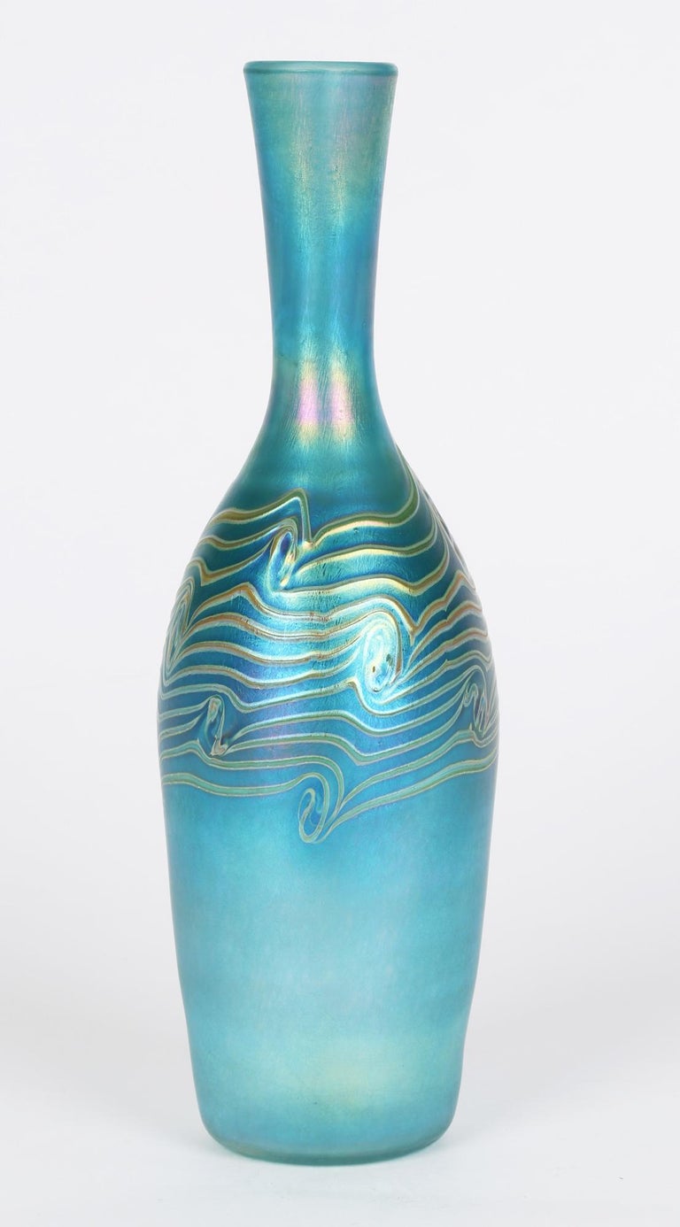 Iridescent Blue Bottle Shaped Art Glass Vase with Peacock Feather Trailing  For Sale at 1stDibs
