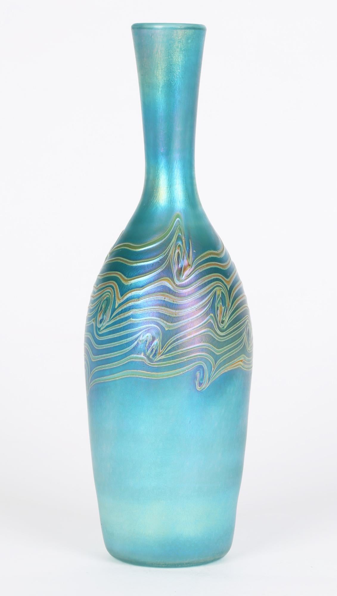 Modern Iridescent Blue Bottle Shaped Art Glass Vase with Peacock Feather Trailing For Sale