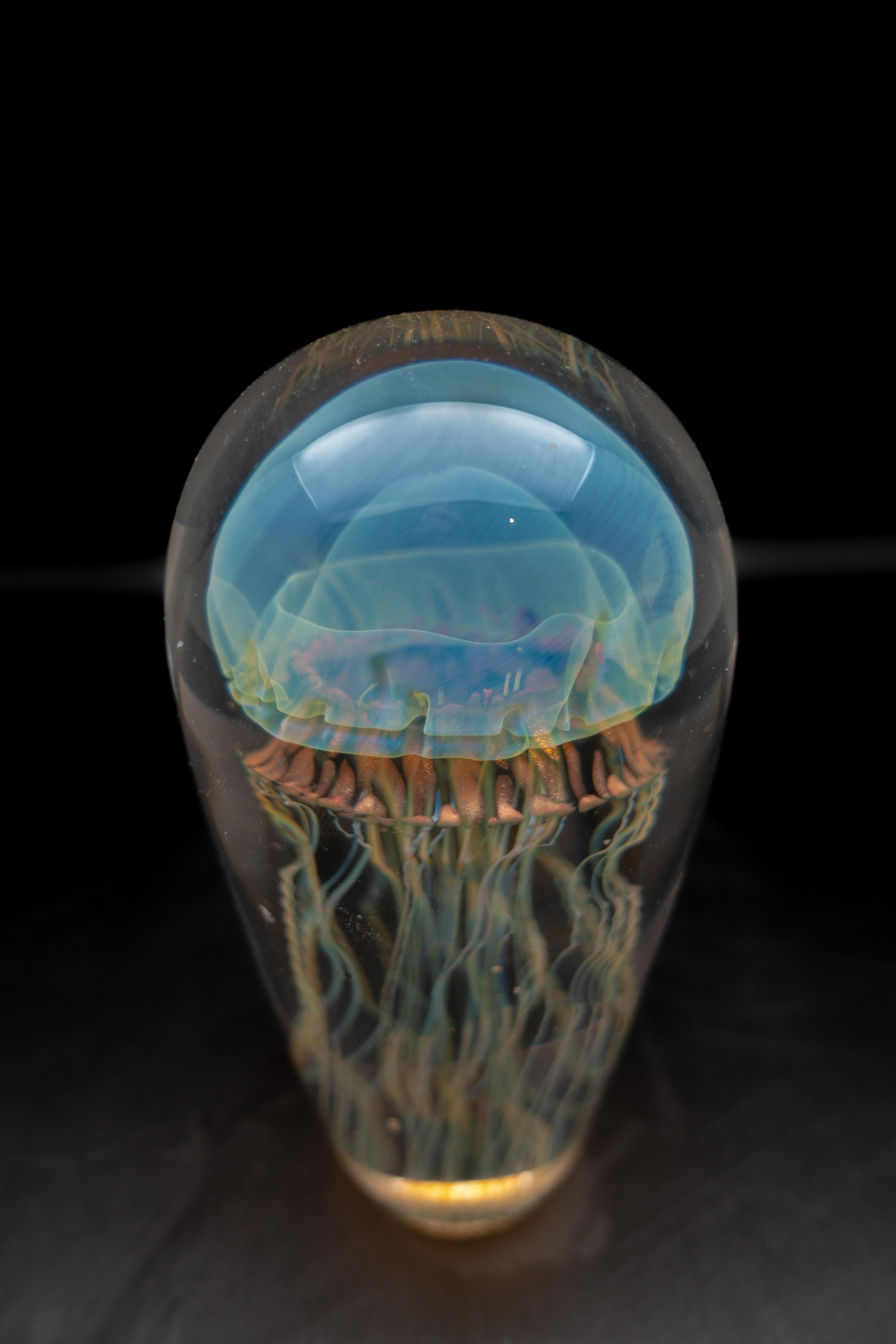 American Iridescent Blue Handblown Jellyfish Glass Sculpture