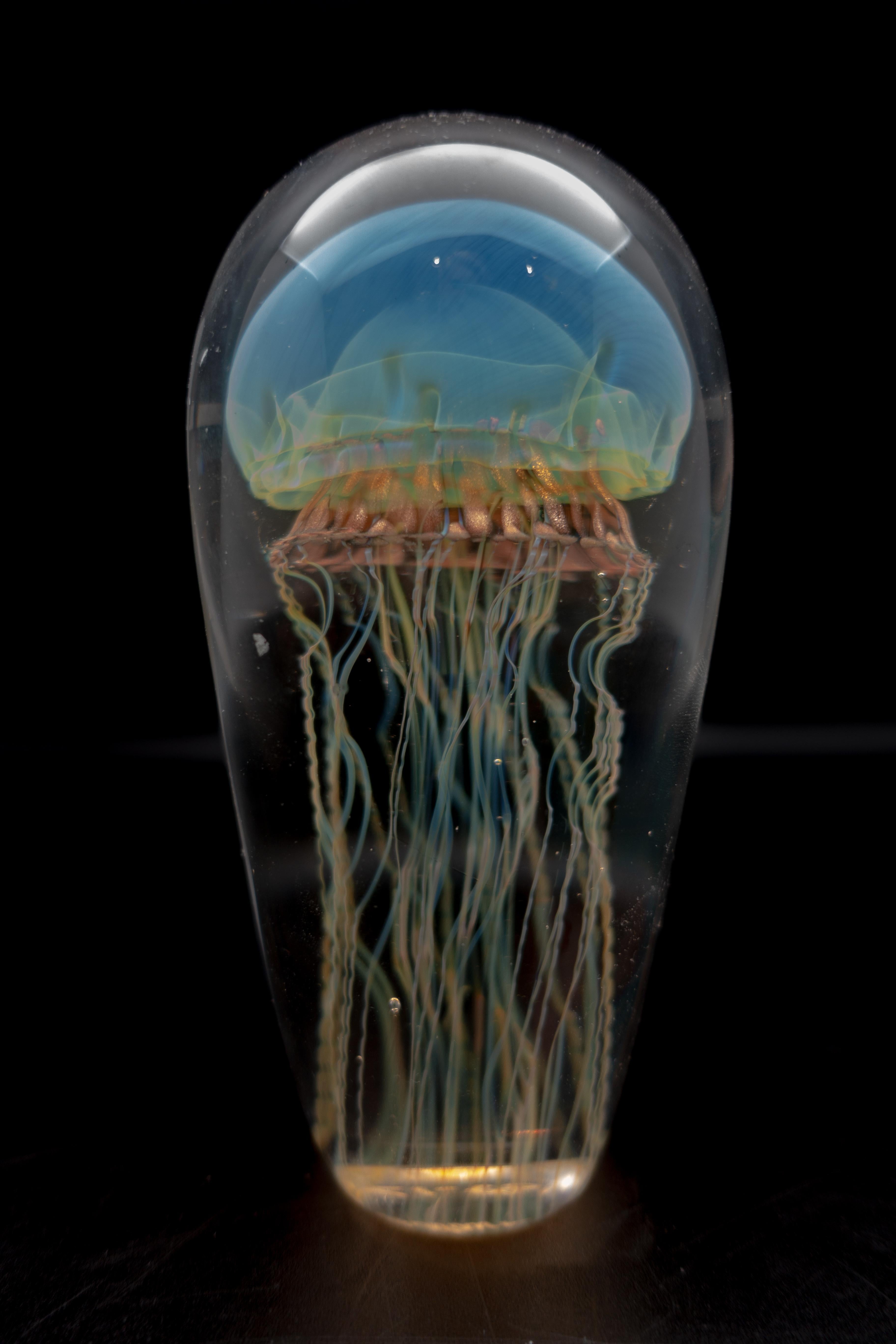 Iridescent Blue Handblown Jellyfish Glass Sculpture In Excellent Condition In New York, NY