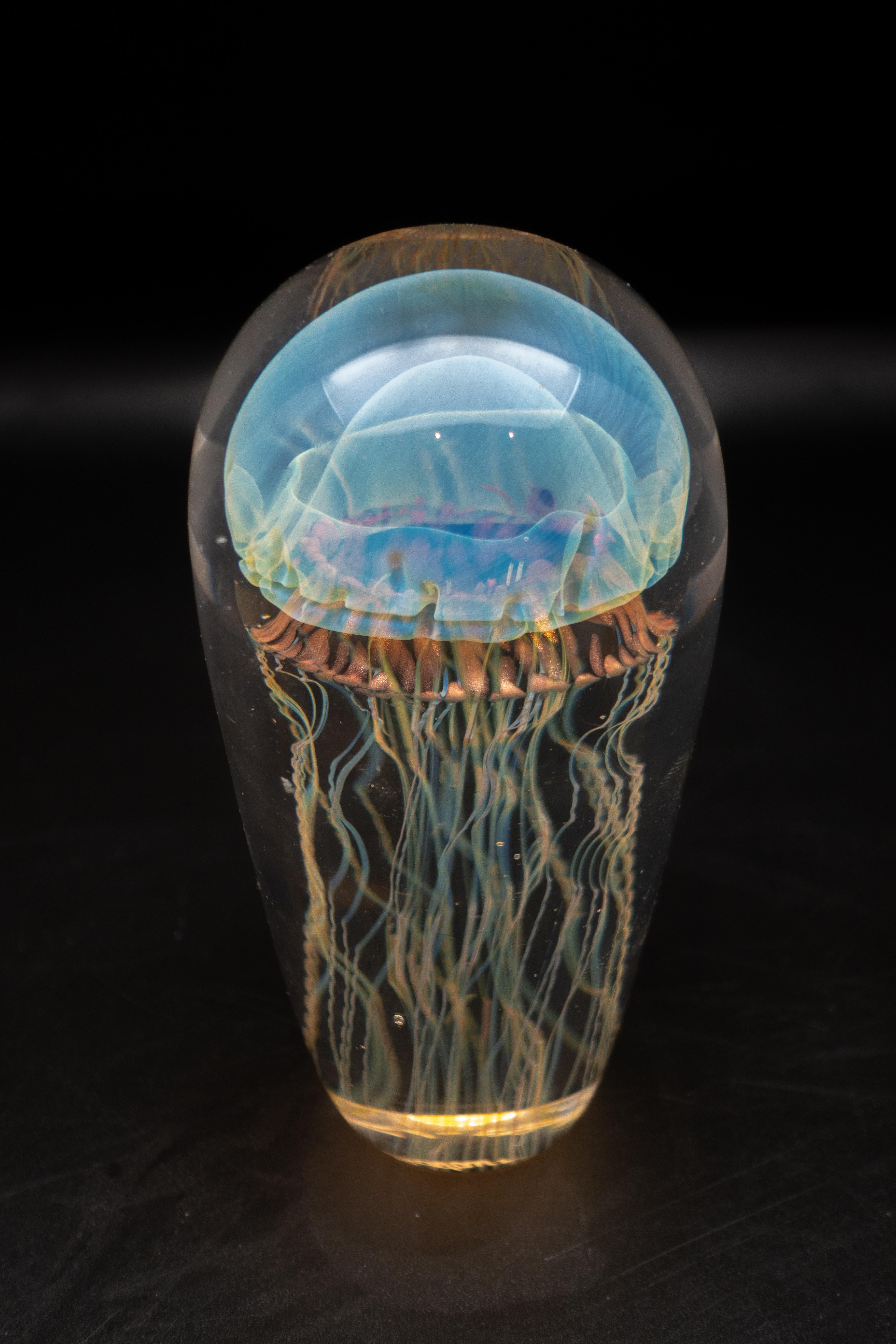 Contemporary Iridescent Blue Handblown Jellyfish Glass Sculpture