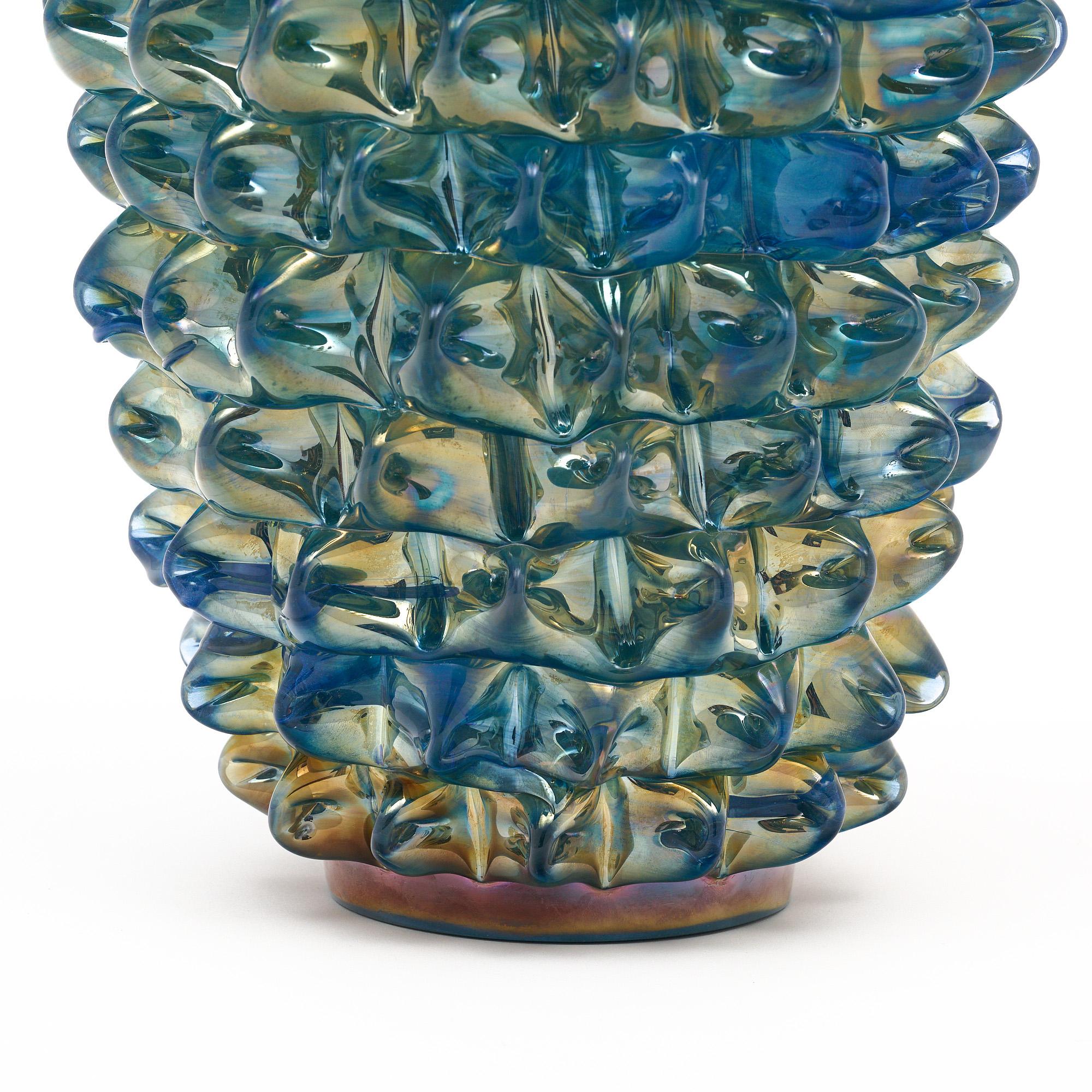 Italian Iridescent Blue Murano Glass Rostrate Vase For Sale