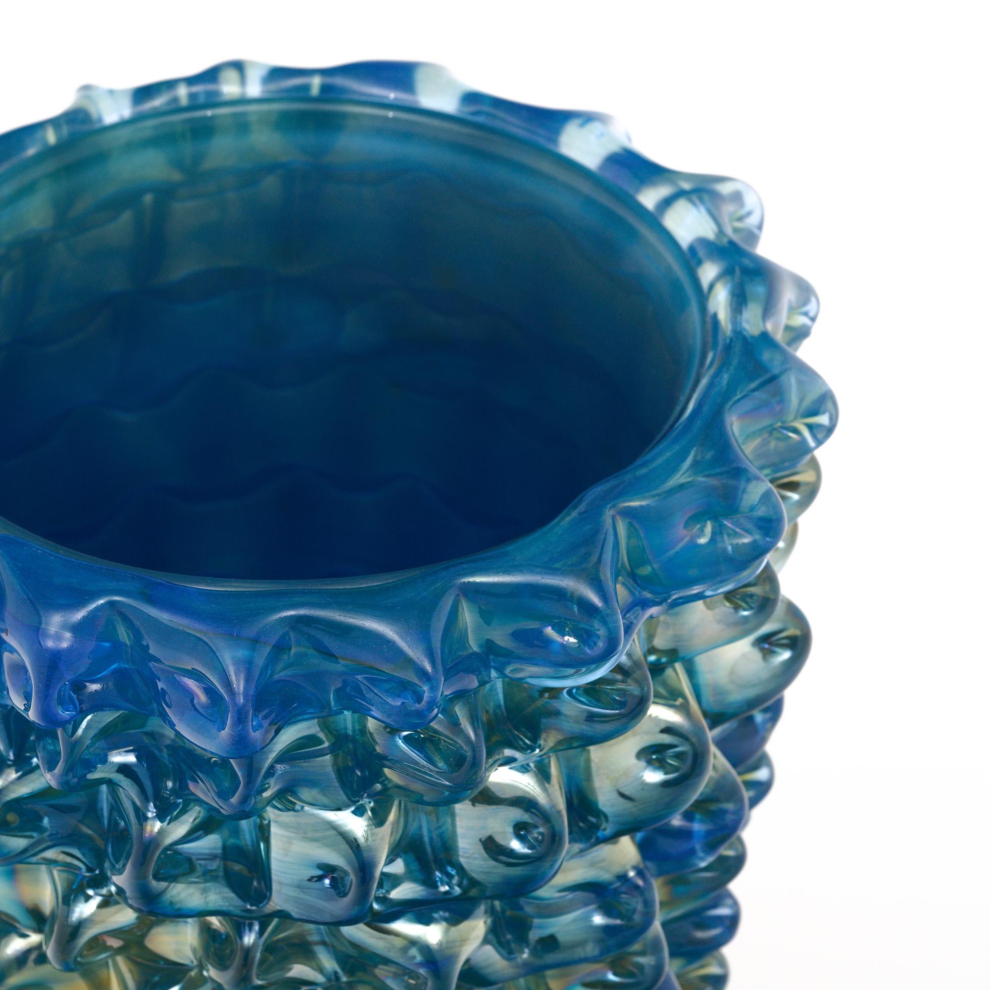 Contemporary Iridescent Blue Murano Glass Rostrate Vase For Sale