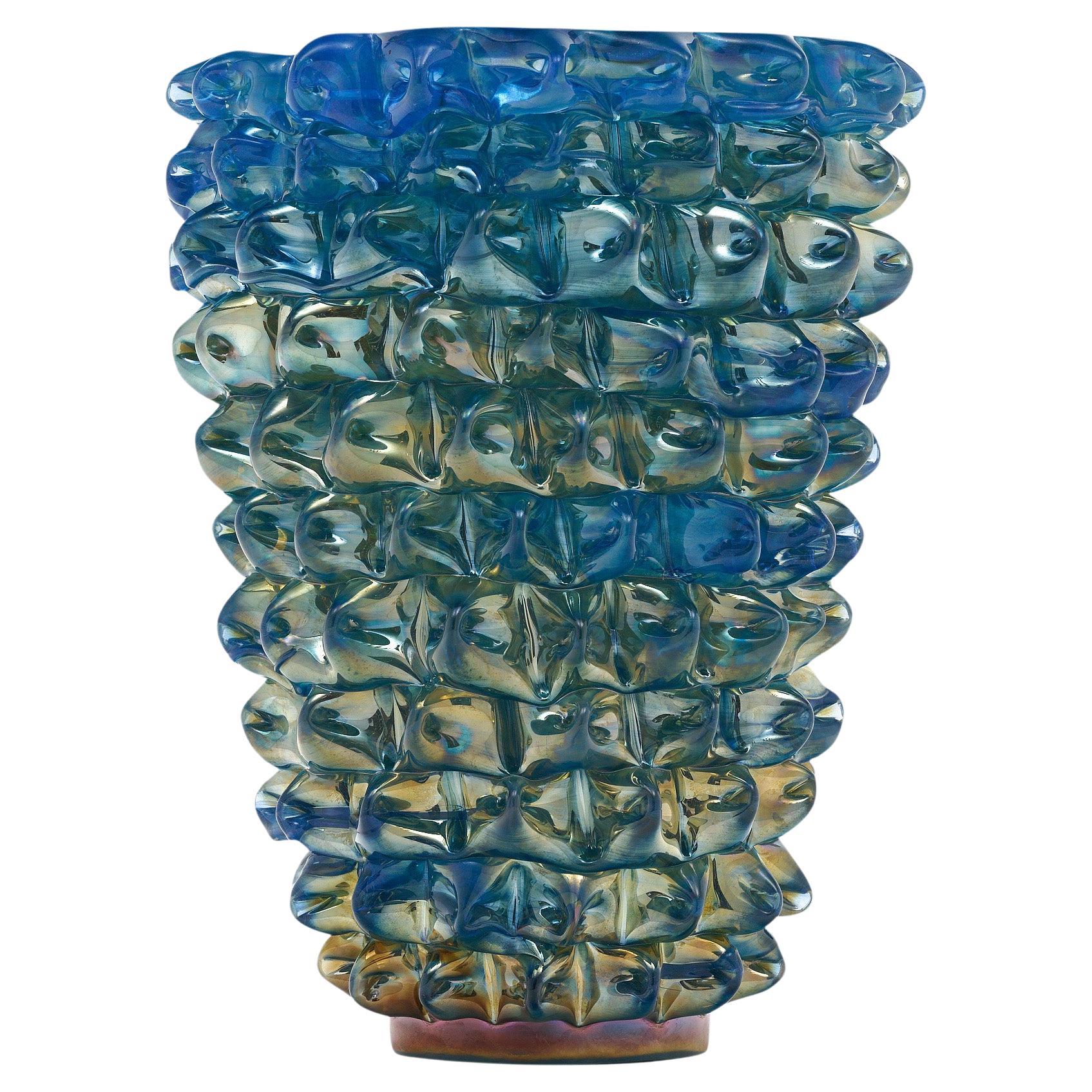 Iridescent Blue Murano Glass Rostrate Vase For Sale