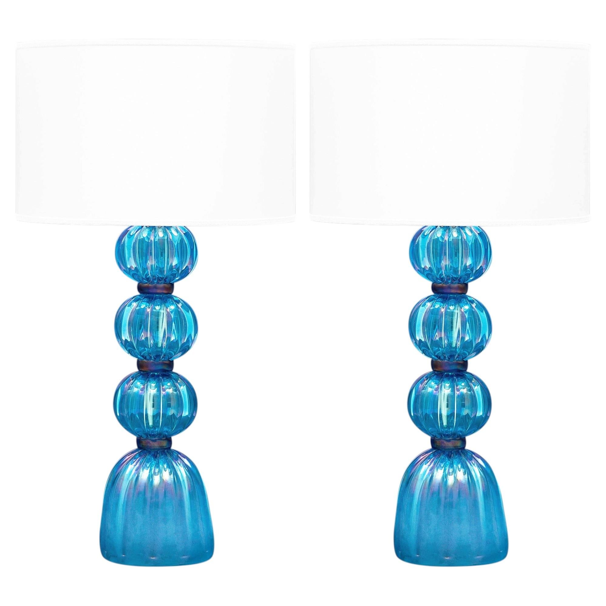 Iridescent Blue Murano Glass Table Lamps, Mid-Century Modern Style, Italy