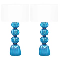 Iridescent Blue Murano Glass Table Lamps, Mid-Century Modern Style, Italy