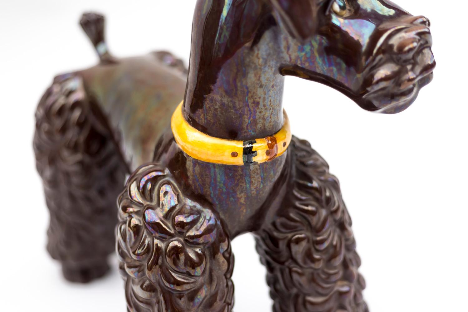 Mid-20th Century Iridescent Brown Earthenware Poodle Sculpture, 1940s