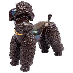 Vintage Iridescent Brown Earthenware Poodle Sculpture, 1940s