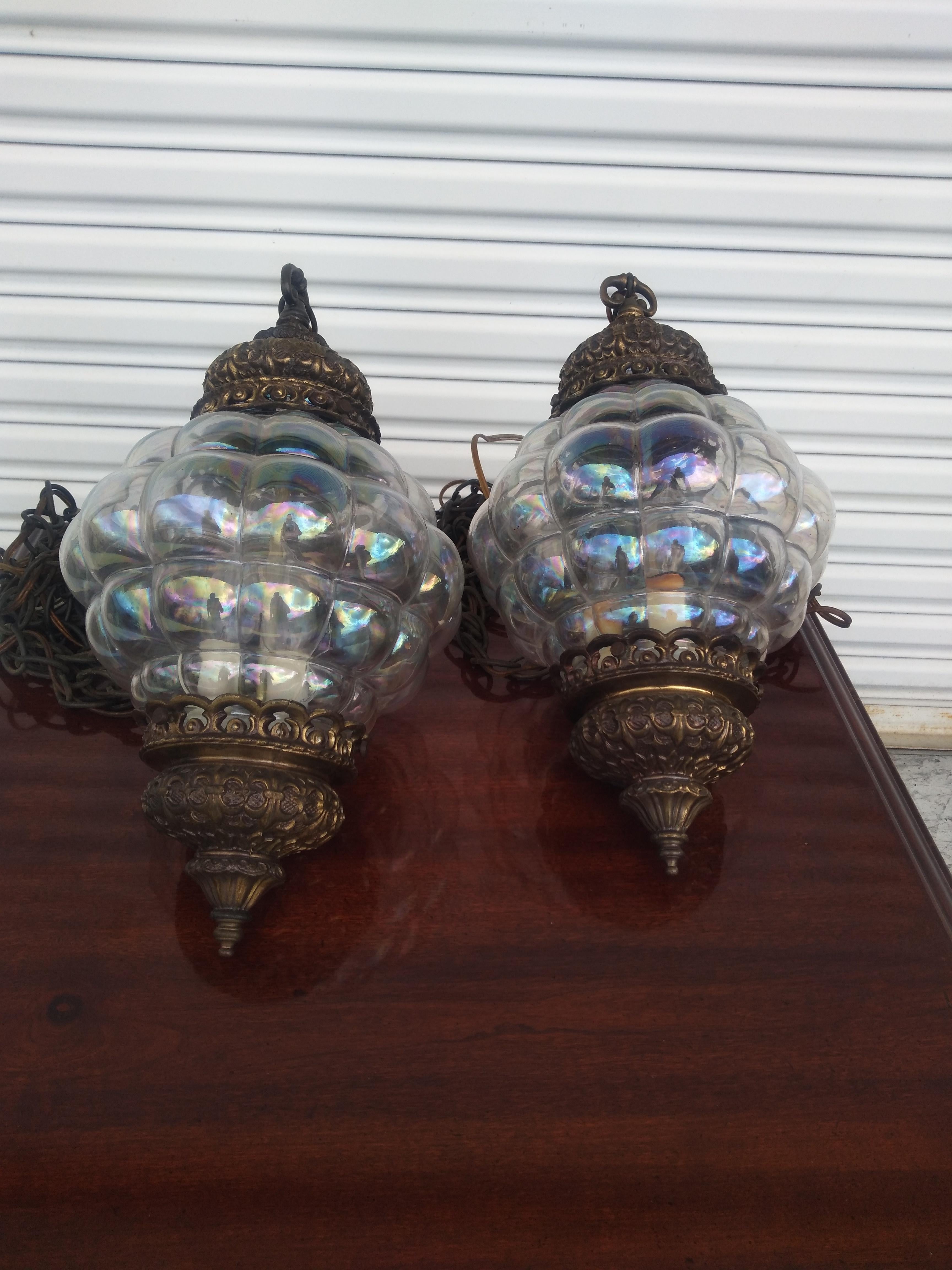 Brass Iridescent Bubble Glass Swag Lamp For Sale